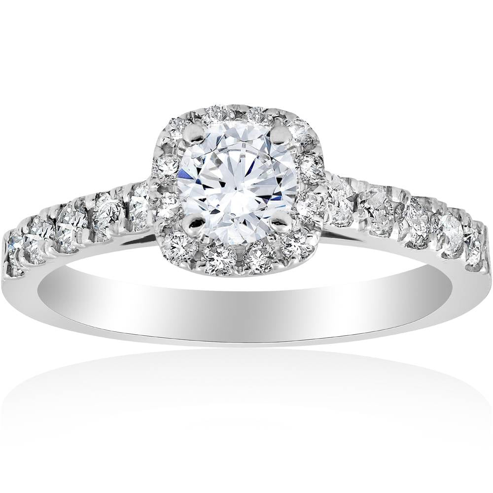 1ct Cushion Halo Diamond Engagement Ring 14K White Gold