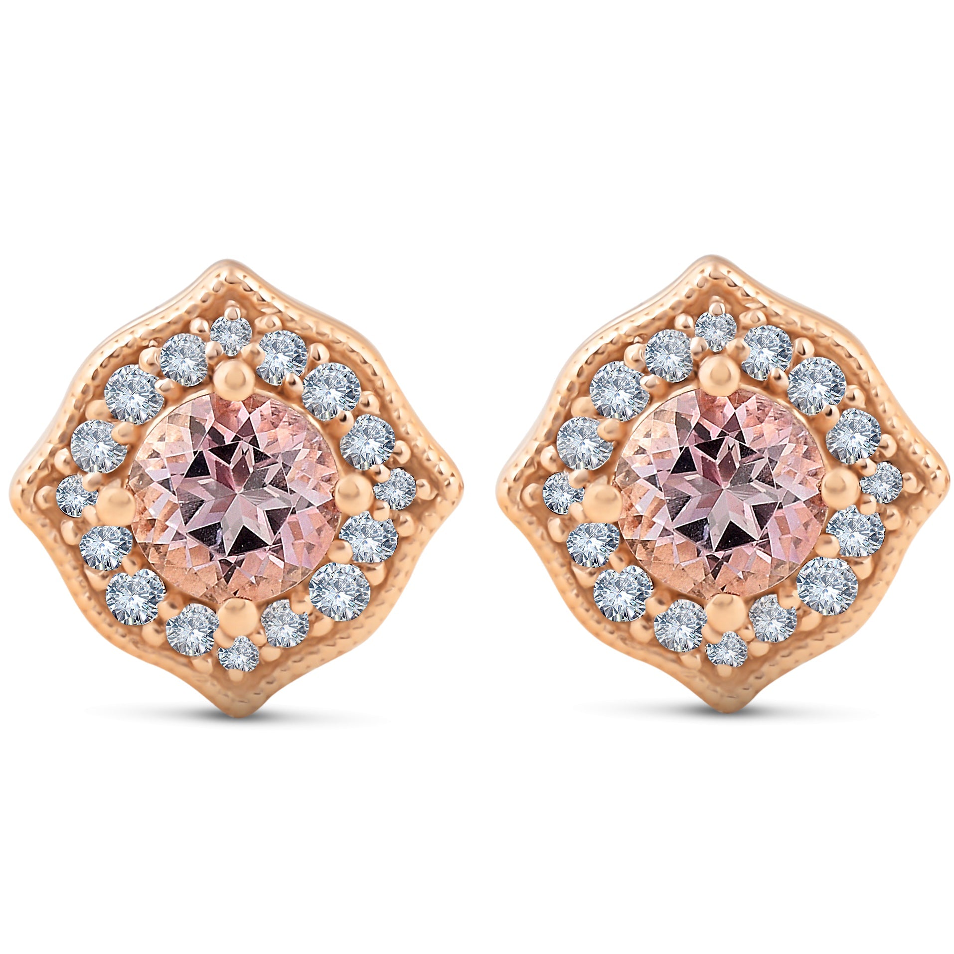 5/8 ct Pink Topaz & Diamond Vintage Halo Studs 14k Rose Gold