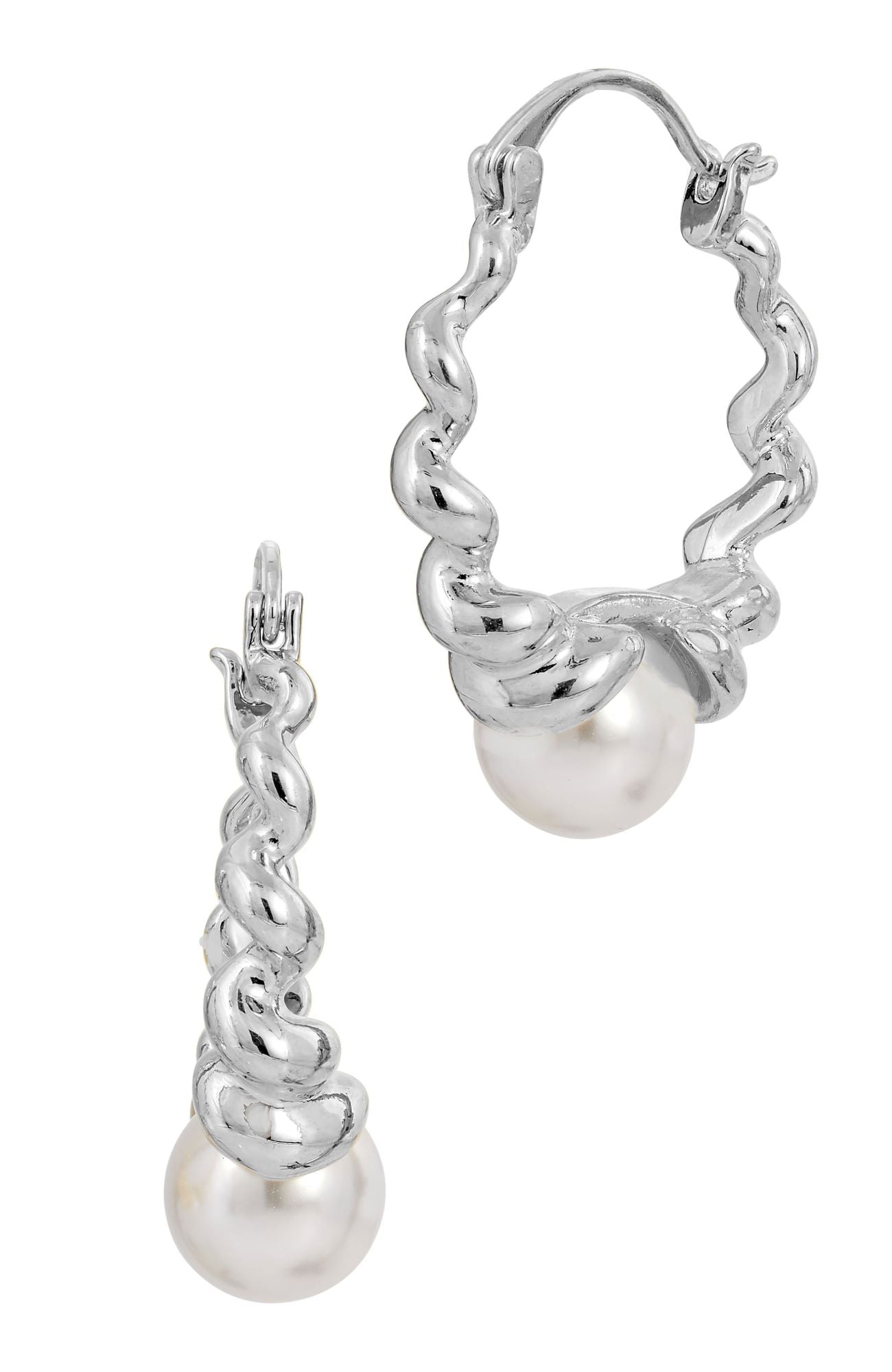 RHODIUM PLATED TWIST STYLE MOTHER OF THE PEARL HOOP EARRING