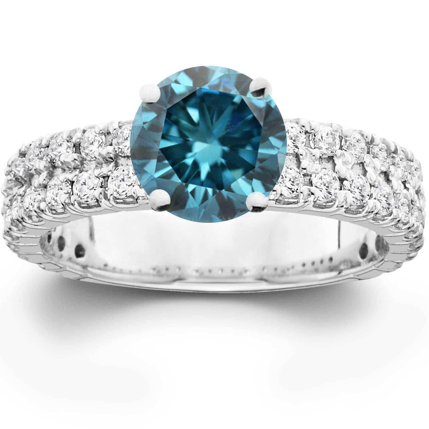 3.40CT Blue & White Diamond Engagement Ring 14K White Gold