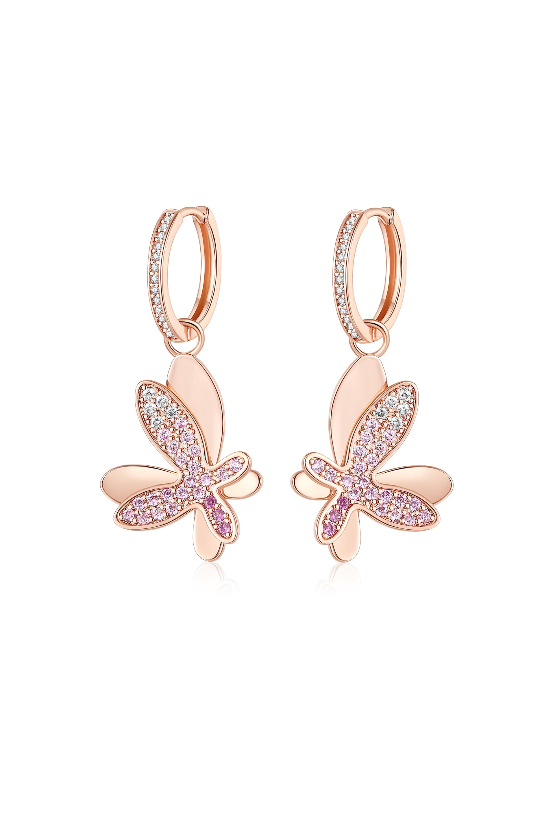 Rose Gold Gradient Pink Pavé Diamond Butterfly Dangle Drop Hoop Earrings
