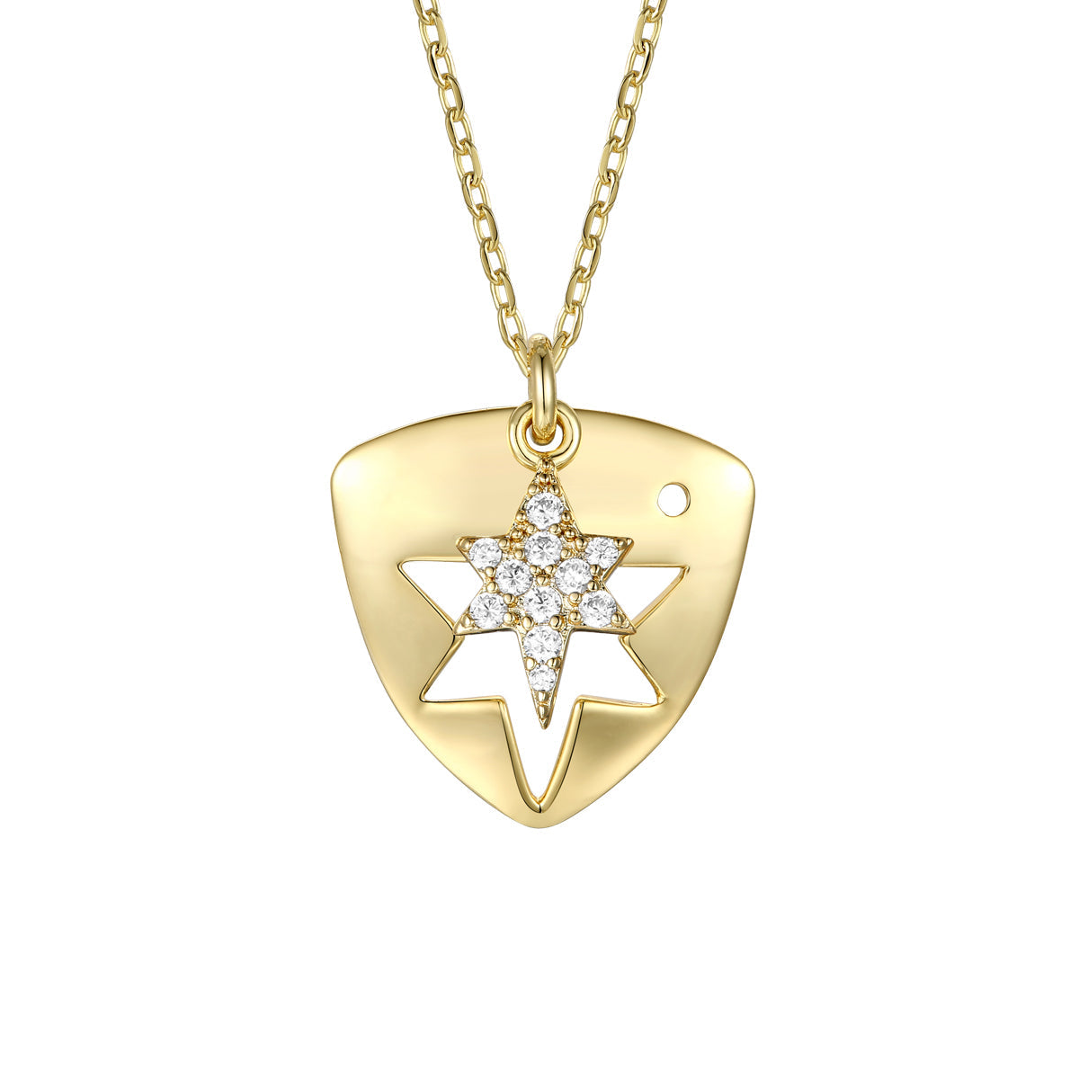 Rg 14k Gold Plated with Diamond Cubic Zirconia Laser-Cut 6-Pointed Star Triangle Shield Double Pendant Charm Necklace