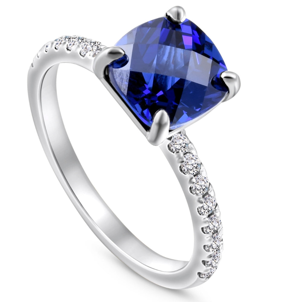 VS 2 1/3Ct TW Cushion Blue Sapphire & Diamond Ring in 14k White Gold