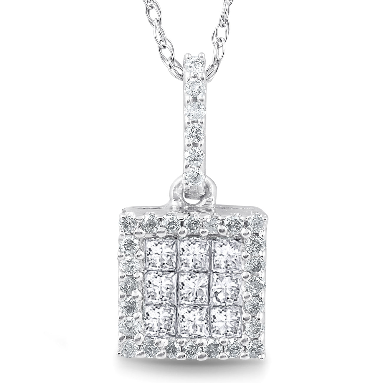 3/8 cttw Princess Cut Pave Diamond Halo Pendant 10K White Gold 3/4' Tall