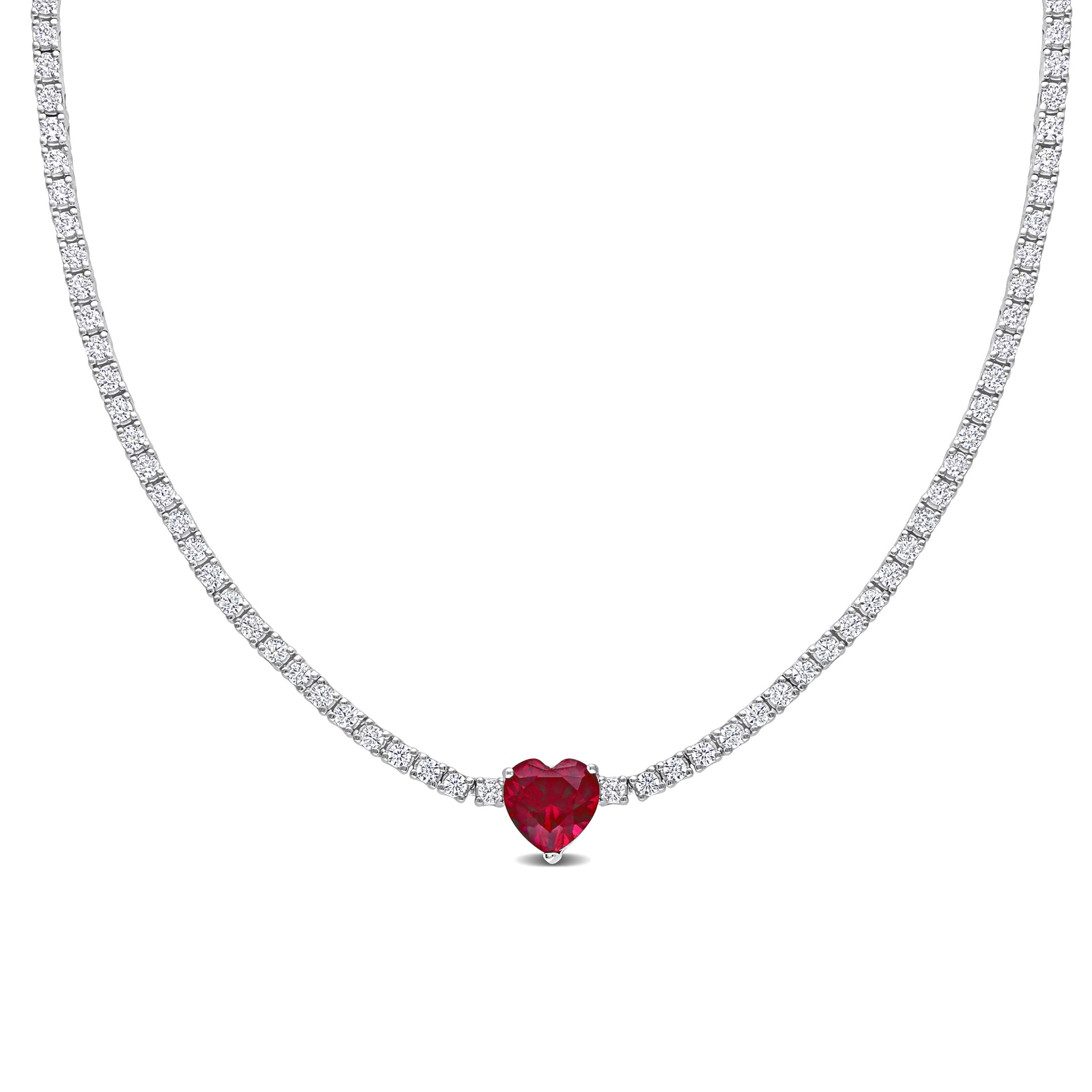 Mimi & Max 18ct TGW Heart Shaped Created Ruby and Created White Sapphire Tennis Necklace in Sterling Silver