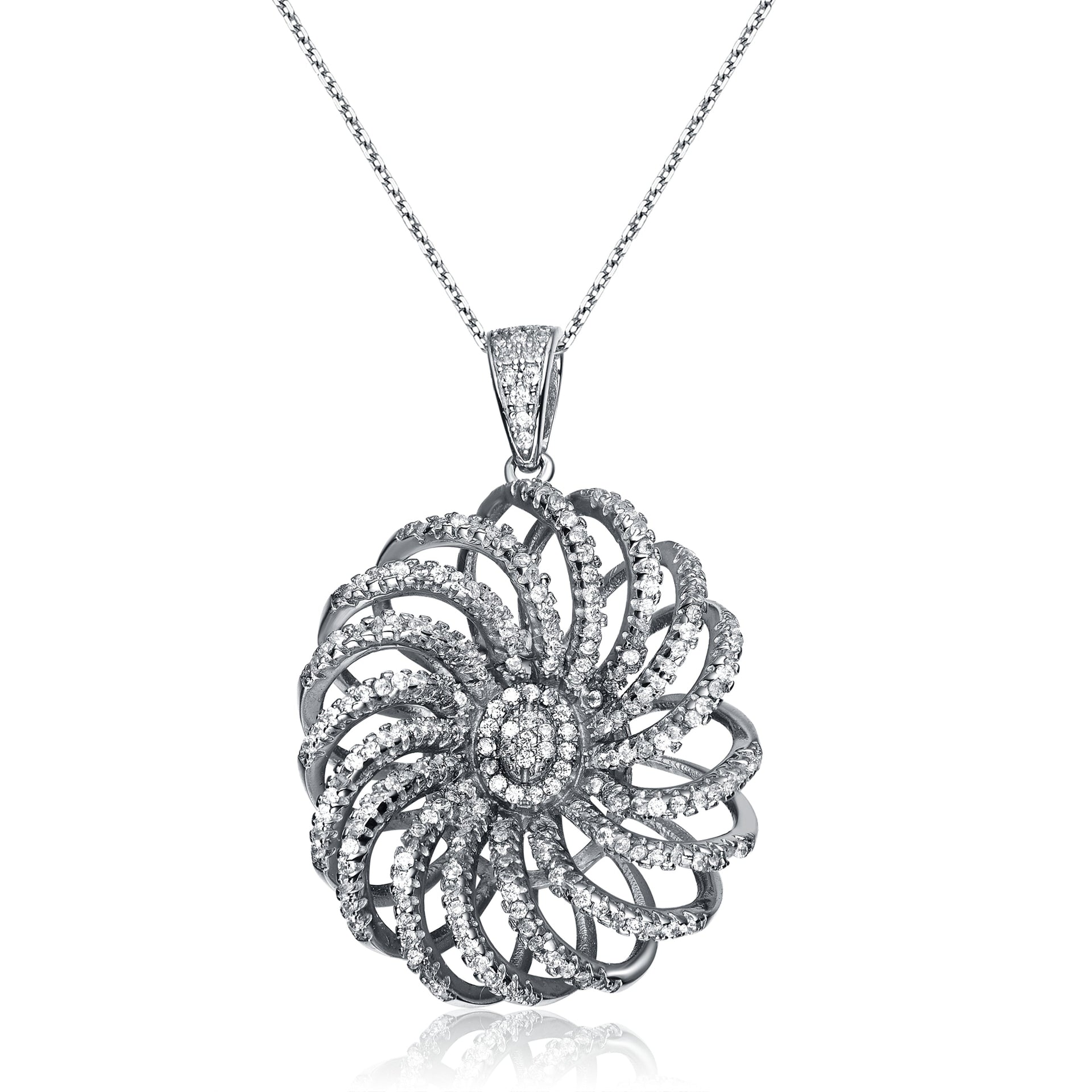 C.z. Sterling Silver Rhodium Plated Round Fancy Pendant