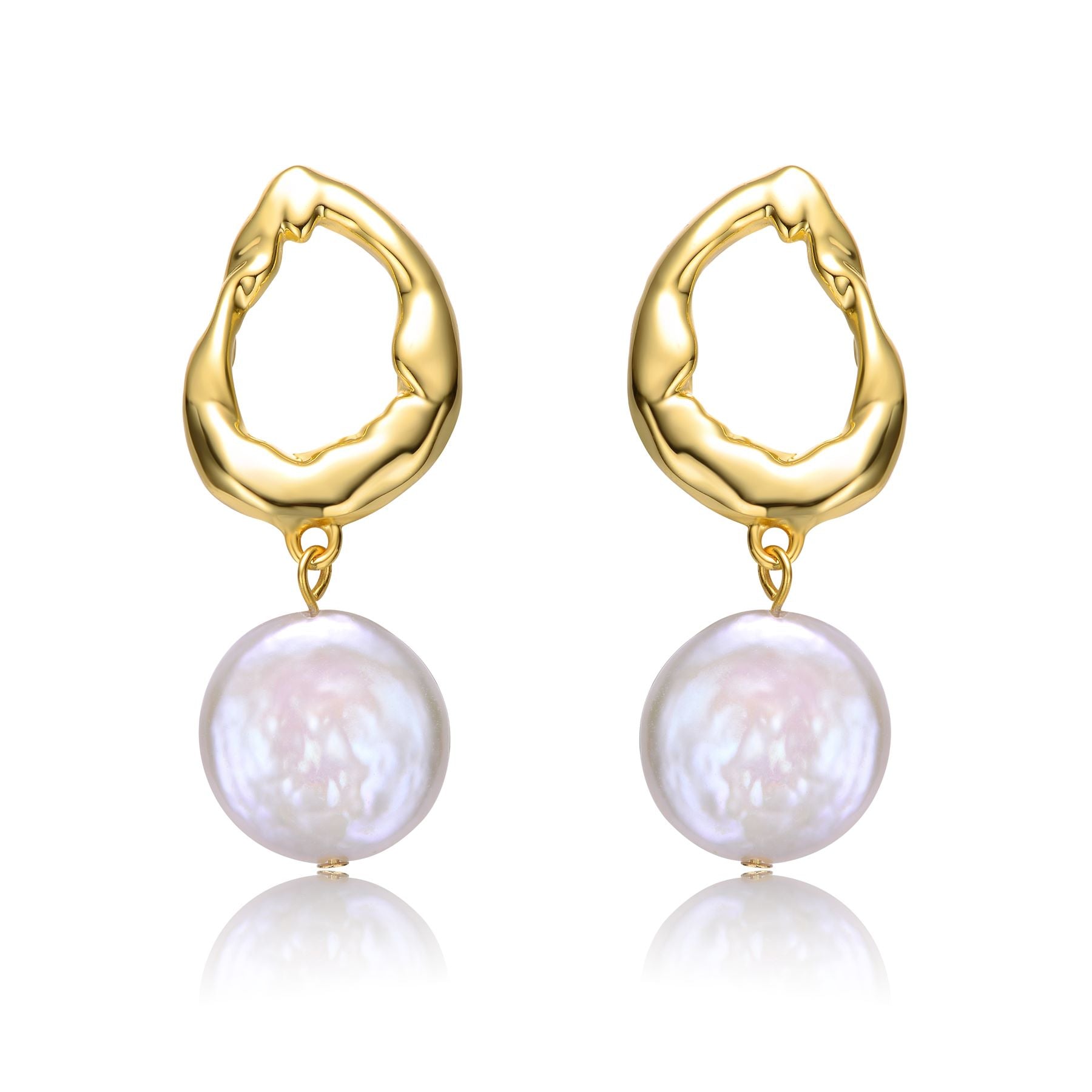 Sterling Silver 14k Yellow Gold Plated with White Coin Pearl Twisted Halo Circle Dangle Drop Earrings