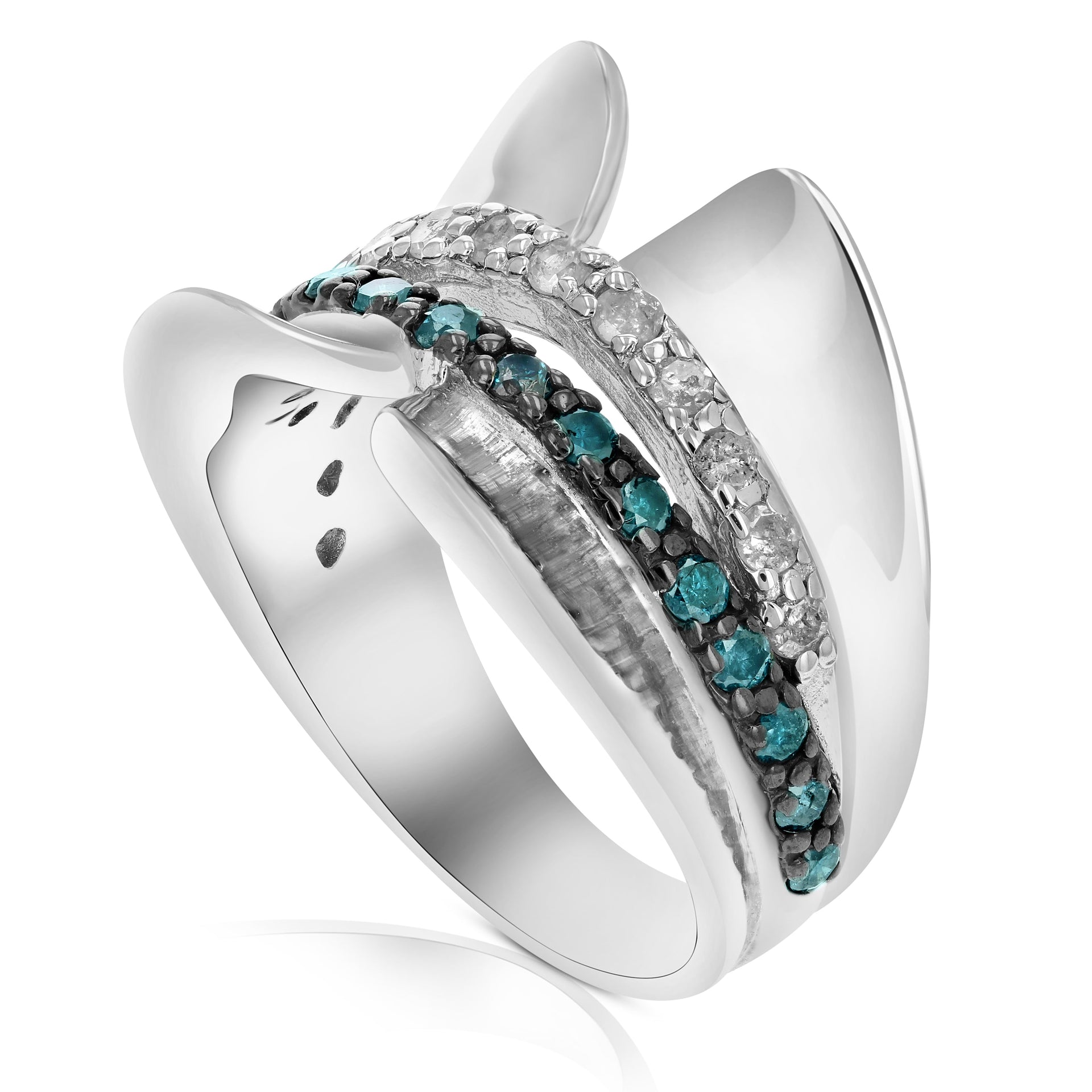 3/4 cttw Blue and White Diamond Ring .925 Sterling Silver with Rhodium