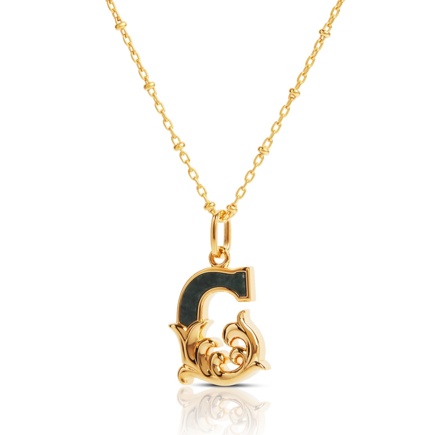 Gold Plated G Initial Necklace With Green Marble