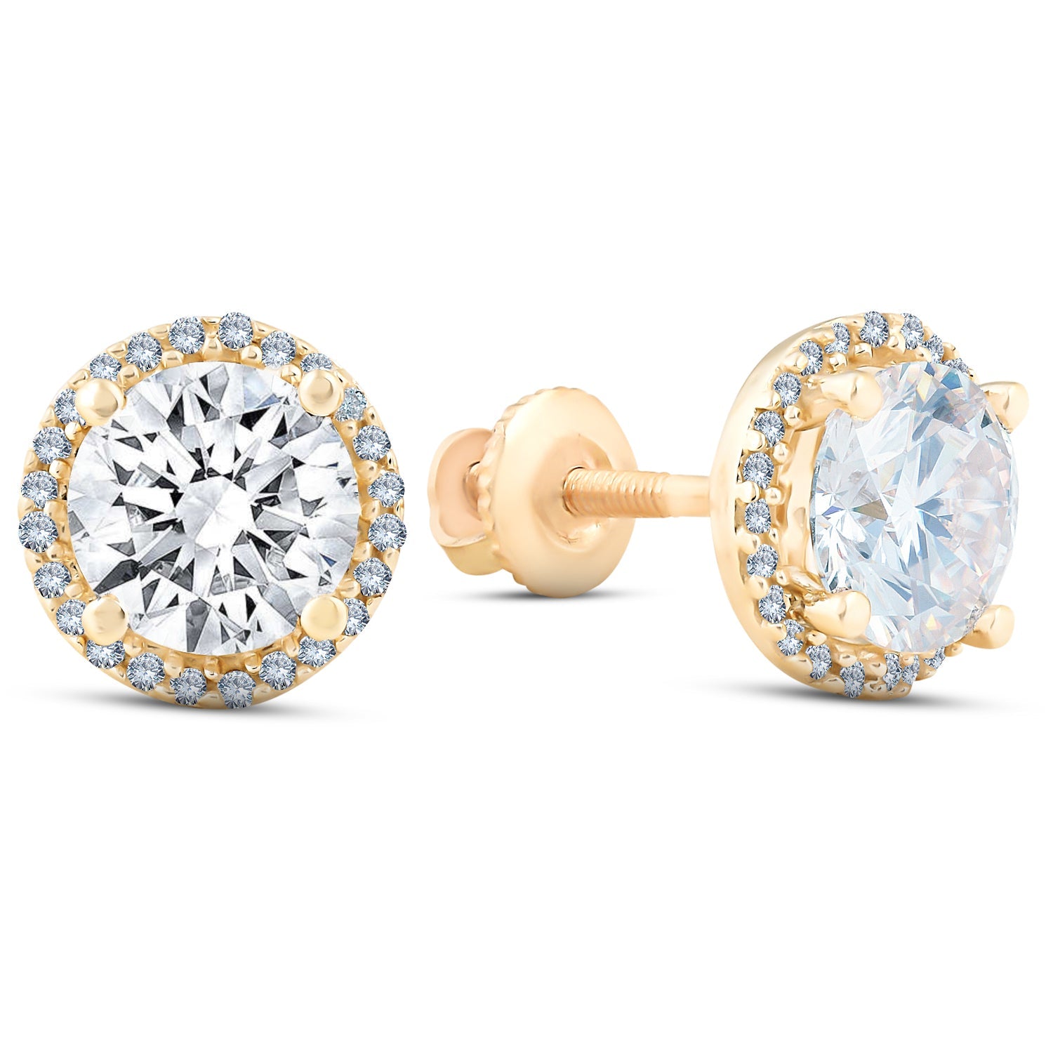 2 1/5 Ct Diamond Halo Screw Back Studs 10k Yellow Gold Moissanite