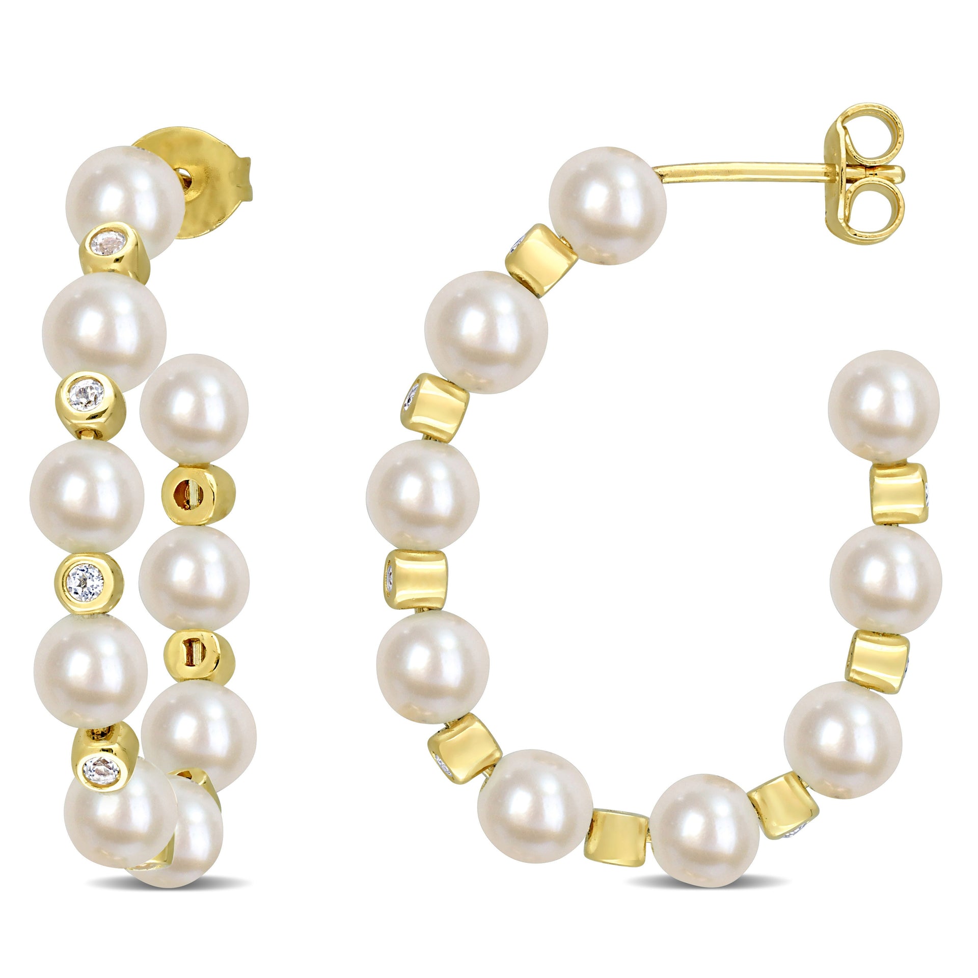 4.5-5 MM Freshwater Cultured Pearl and 1/2 CT TGW White Topaz Beaded Hoop Earrings in Yellow Plated Sterling Silver