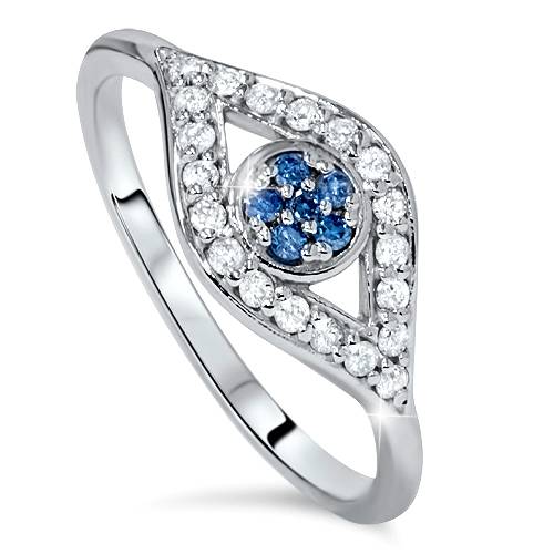 1/3ct Blue & White Diamond Evil Eye Ring 14K White Gold
