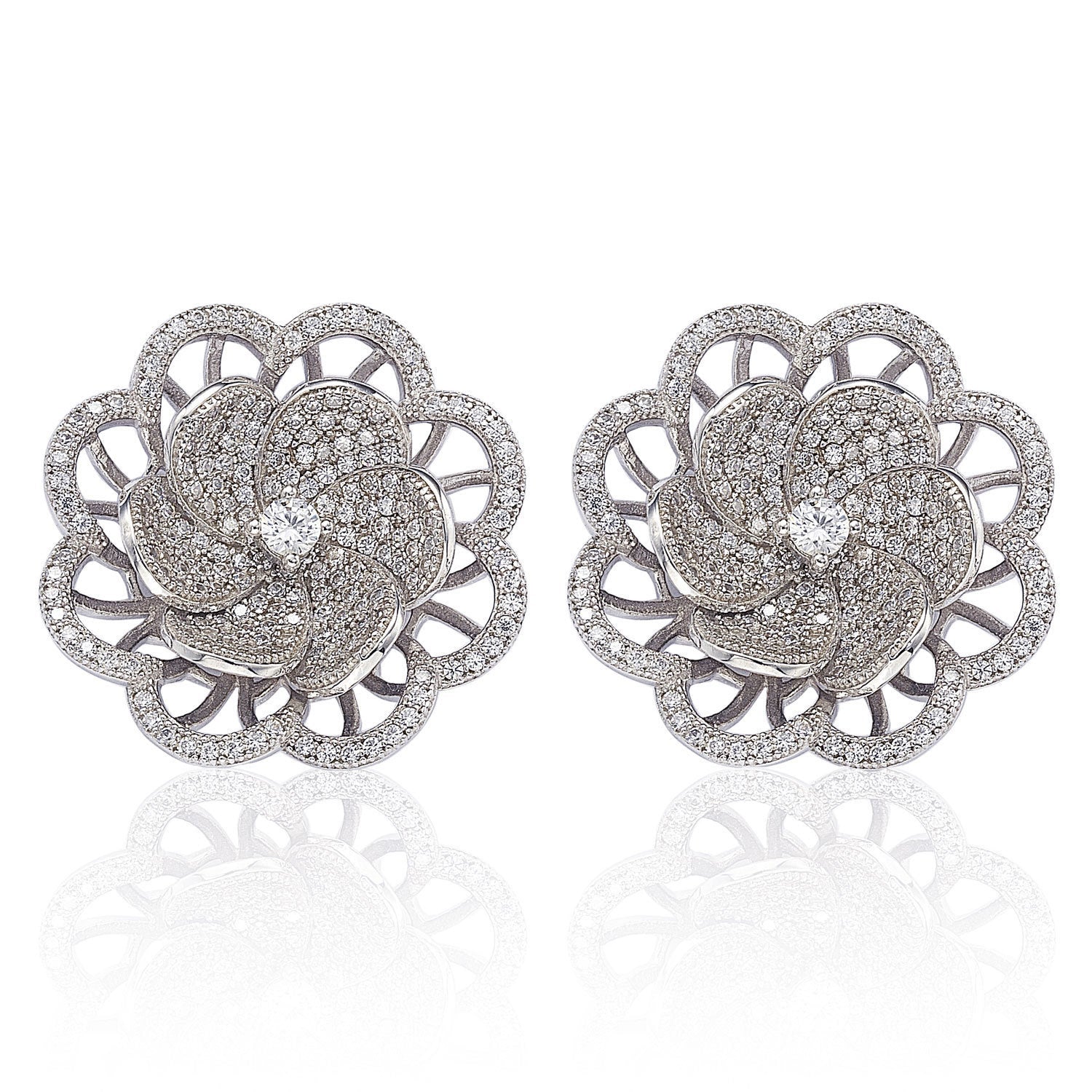 Suzy Levian Sterling Silver Cubic Zirconia Pave Flower Earrings