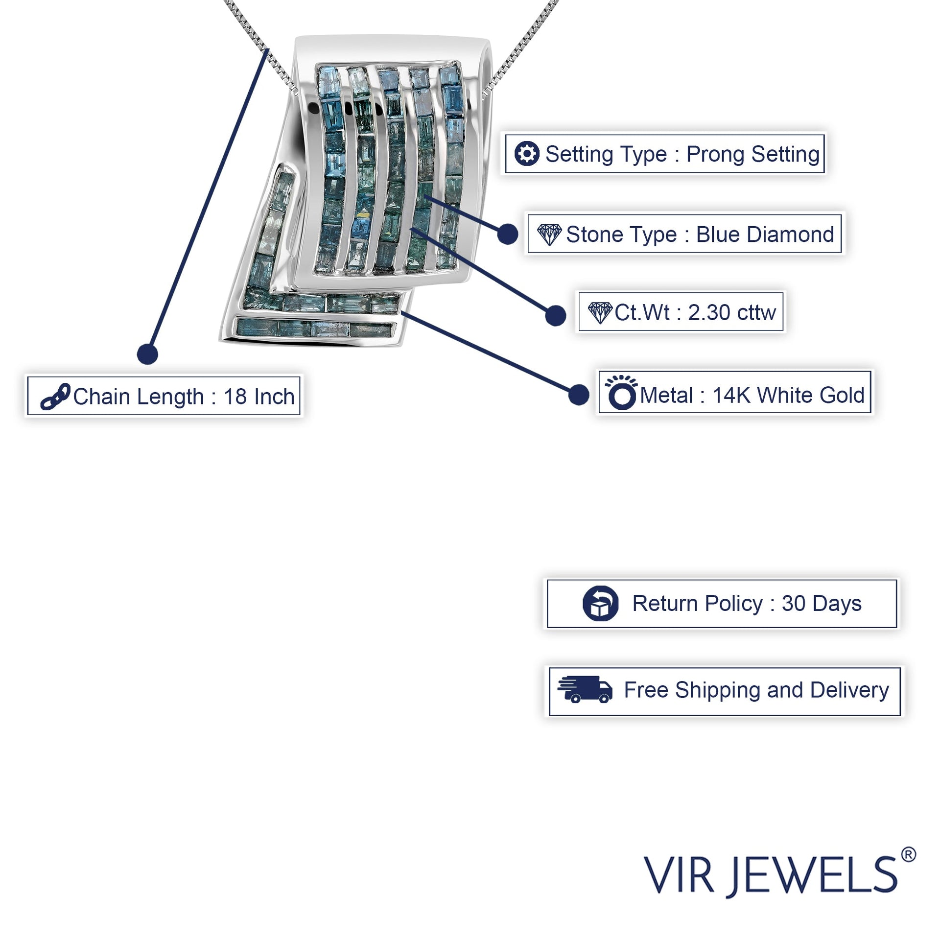 2.30 cttw Blue Diamond Baguette Pendant Necklace 14K White Gold with 18 Inch Chain