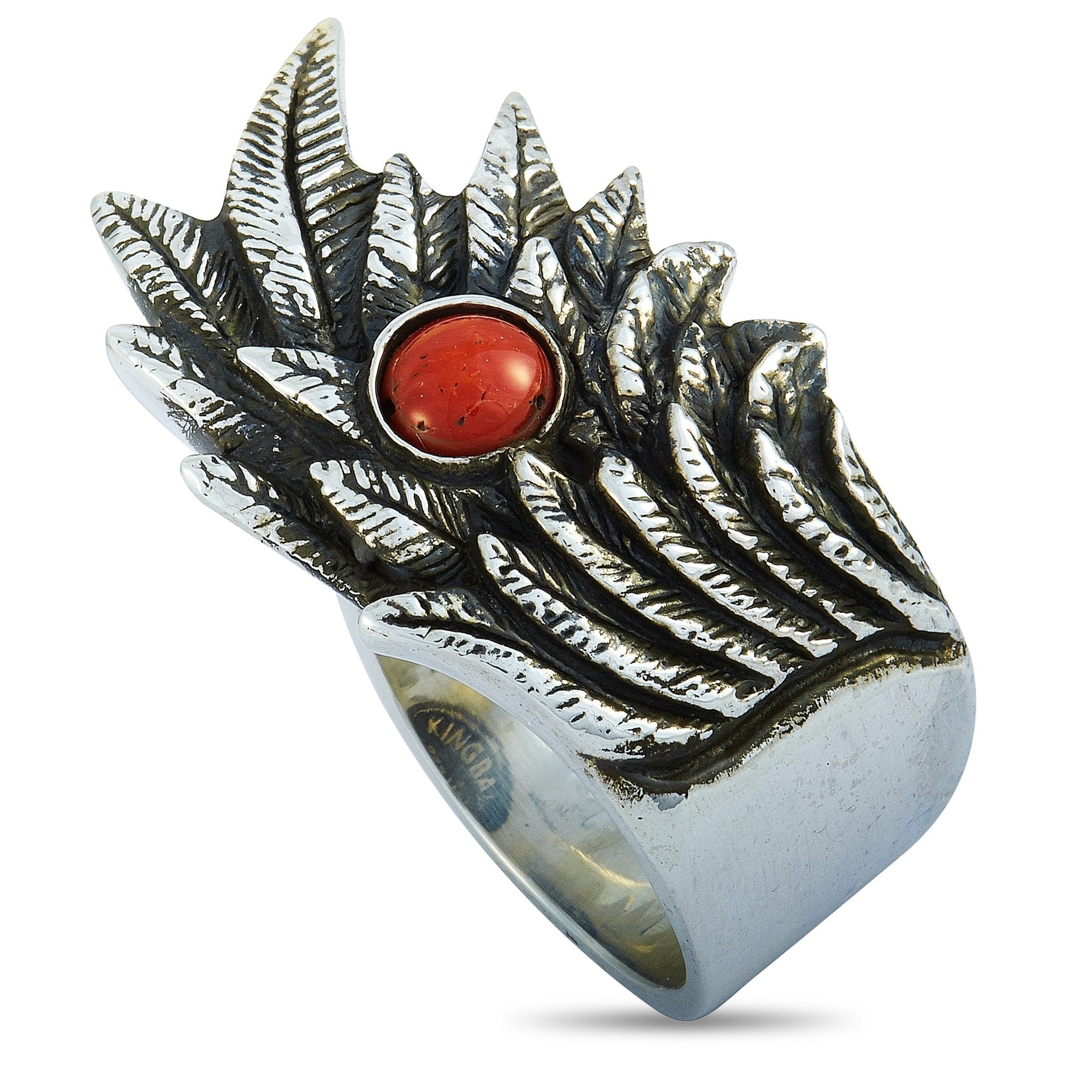 Raven Wing Sterling Silver and Coral Cabochon Ring