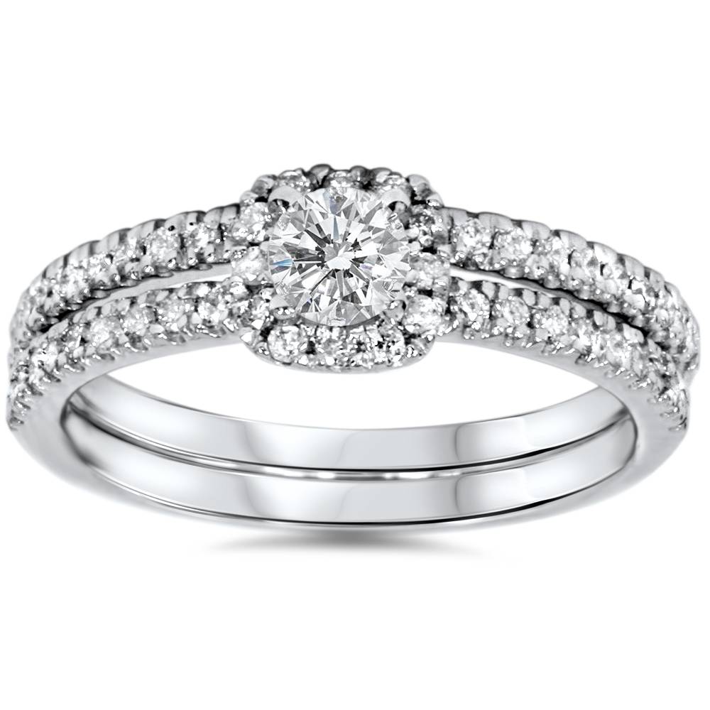 3/4ct Diamond Cushion Halo Engagement Wedding Ring Set White Gold