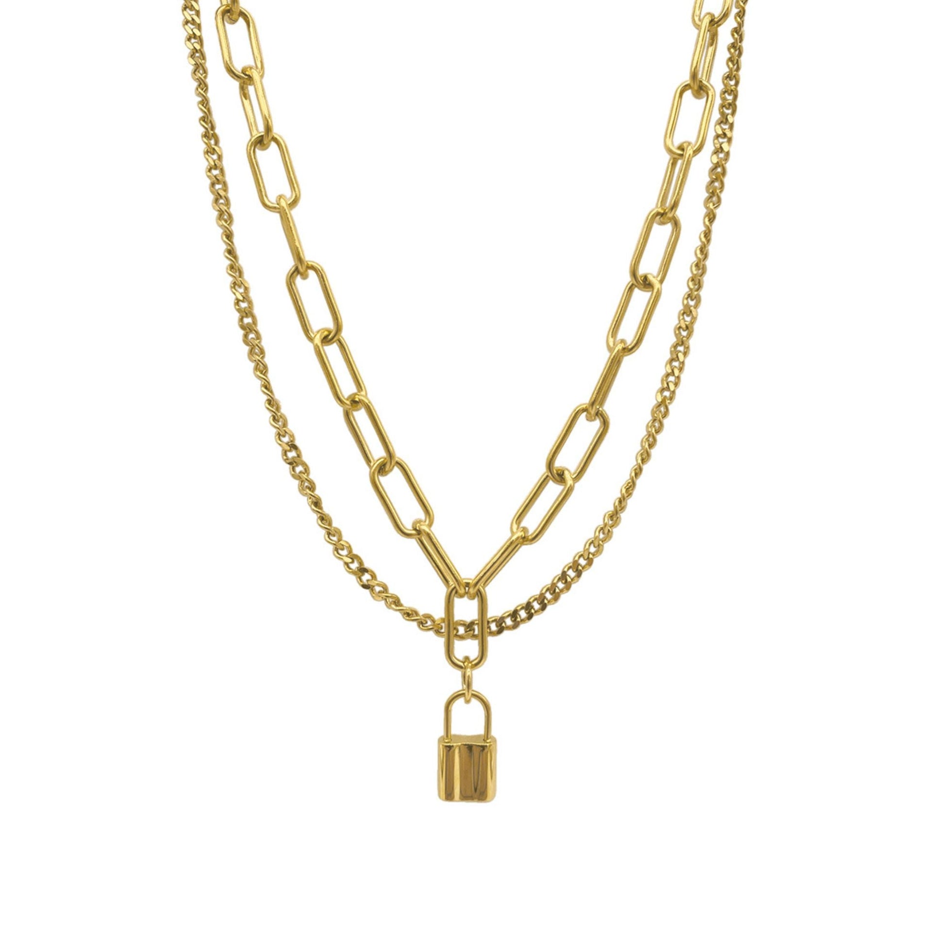 Tarnish Resistant 14k Gold Plated Layered Curb And Paper Clip Chain Lock Necklace