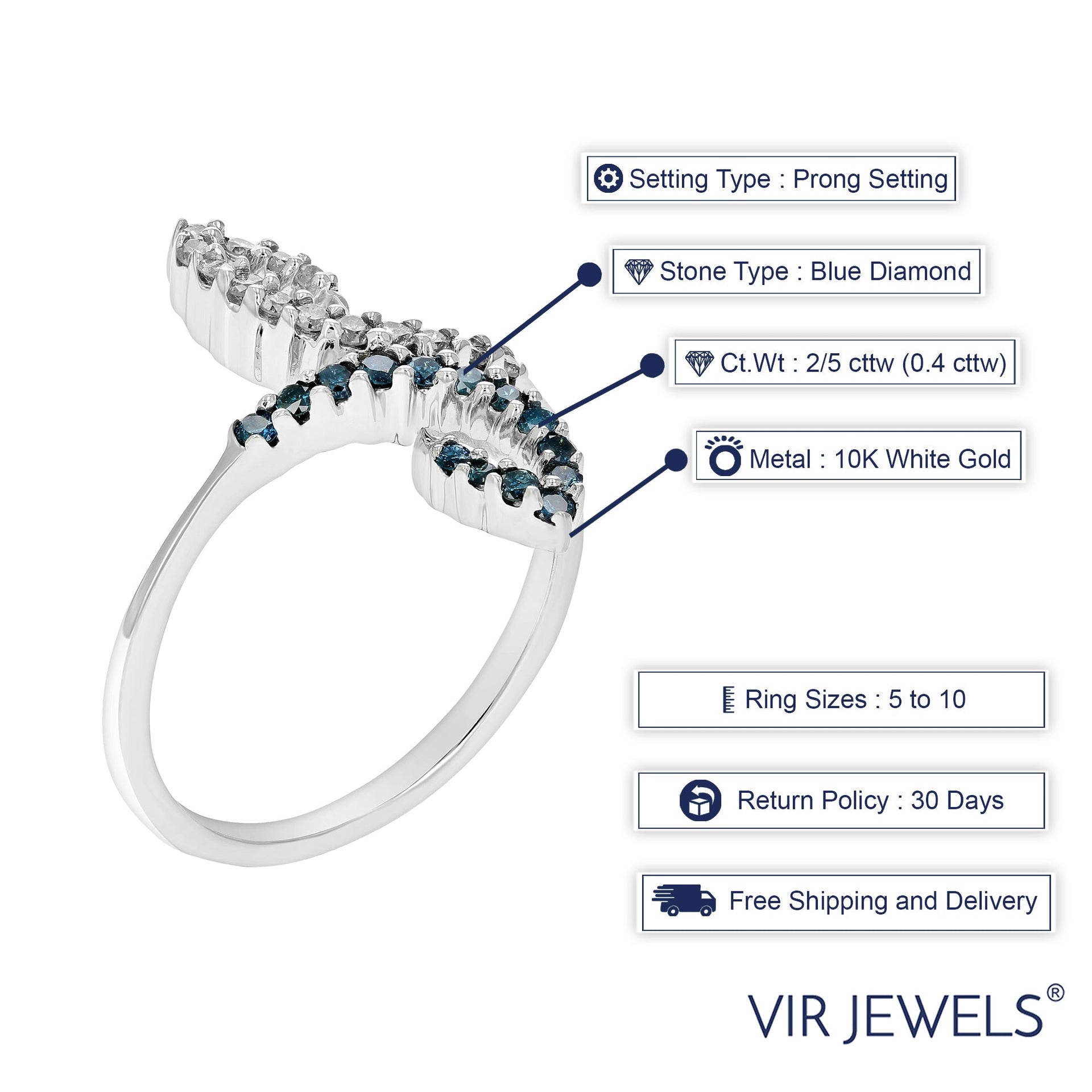 2/5 cttw Blue Diamond Ring Fashion Round 10K White Gold