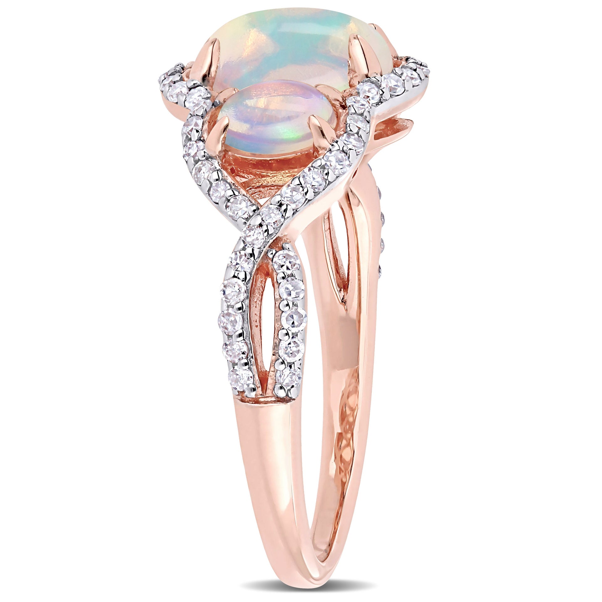 Ethiopian Blue Opal and 1/3 CT TW Diamond 3-Stone Halo Twist Ring in 10K Rose Gold