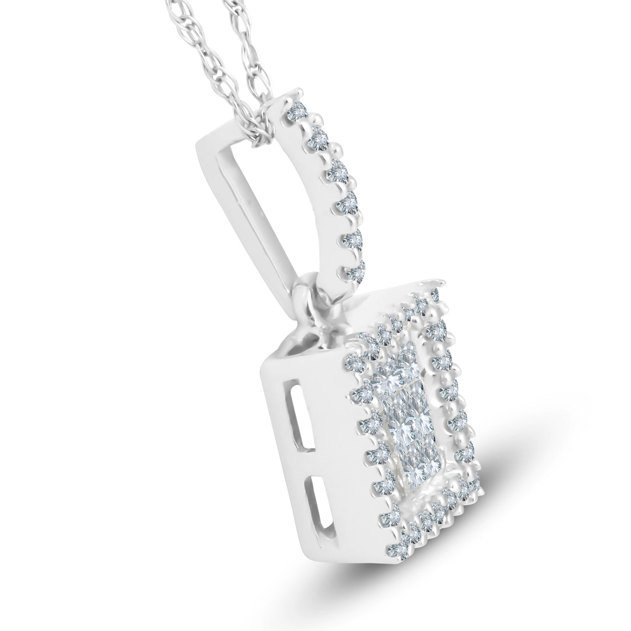 3/8 cttw Princess Cut Pave Diamond Halo Pendant 10K White Gold 3/4' Tall