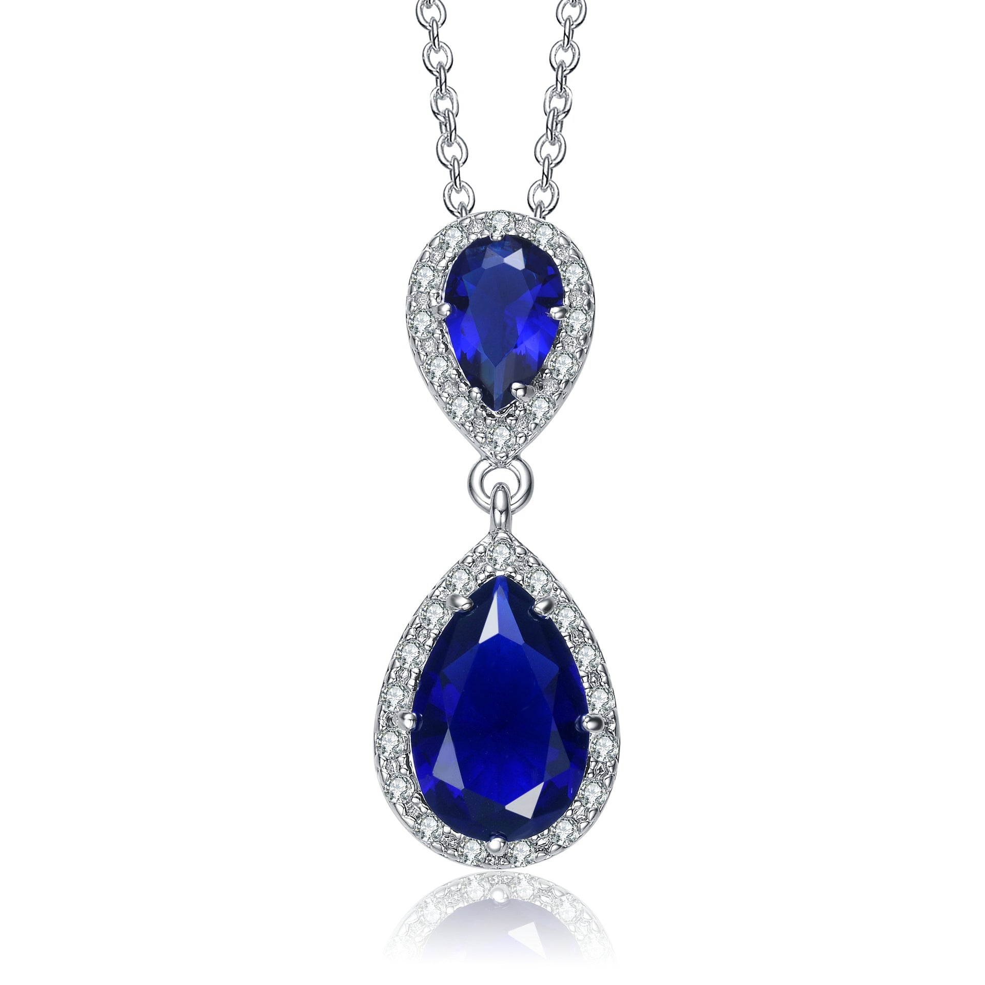 Sterling Silver With Rhodium Plated Two Sapphire Blue Pear With Round Cubic Zirconia Halo Drop Necklace