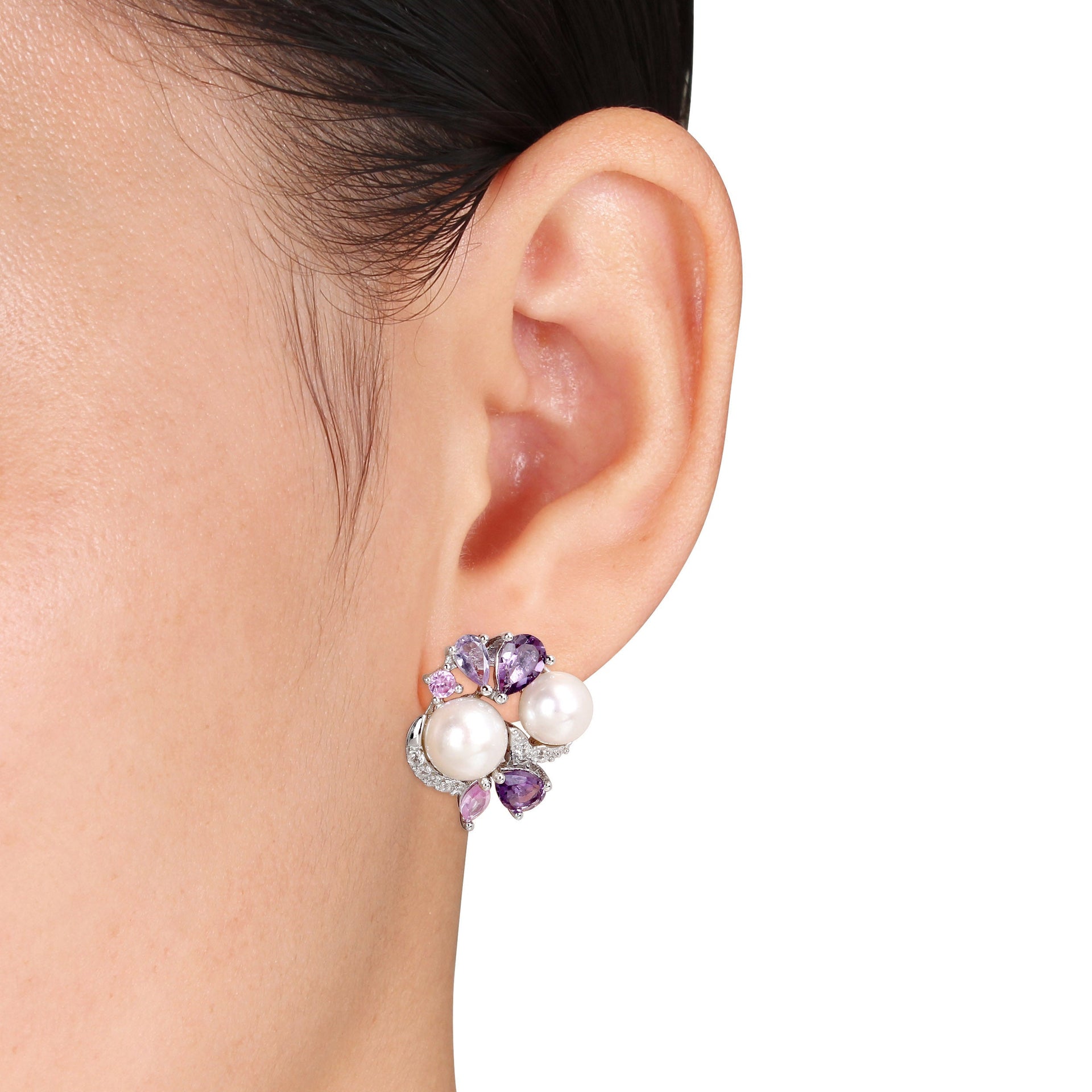 Mimi & Max Amethyst, Rose de France, Created Pink and Created White Sapphire and White Cultured Freshwater Pearl Cluster Earrings