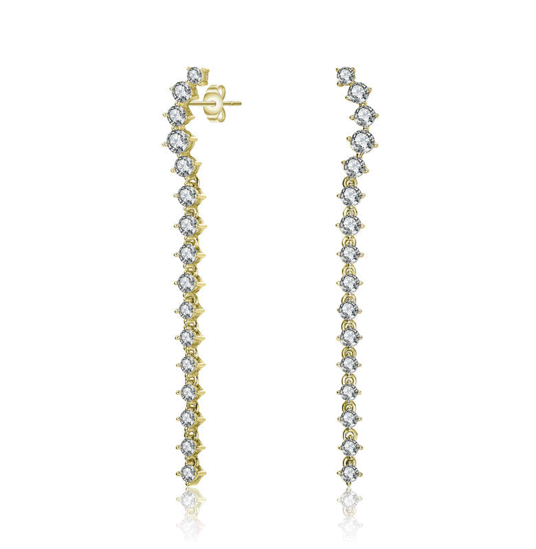 Rhodium-plated With Diamond Cubic Zirconia Waterfall Linear Dangle Earrings In Sterling Silver