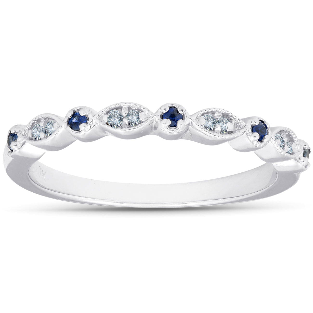 1/5 ct Blue Sapphire & Diamond Wedding Ring Stackable Band 10k White Gold