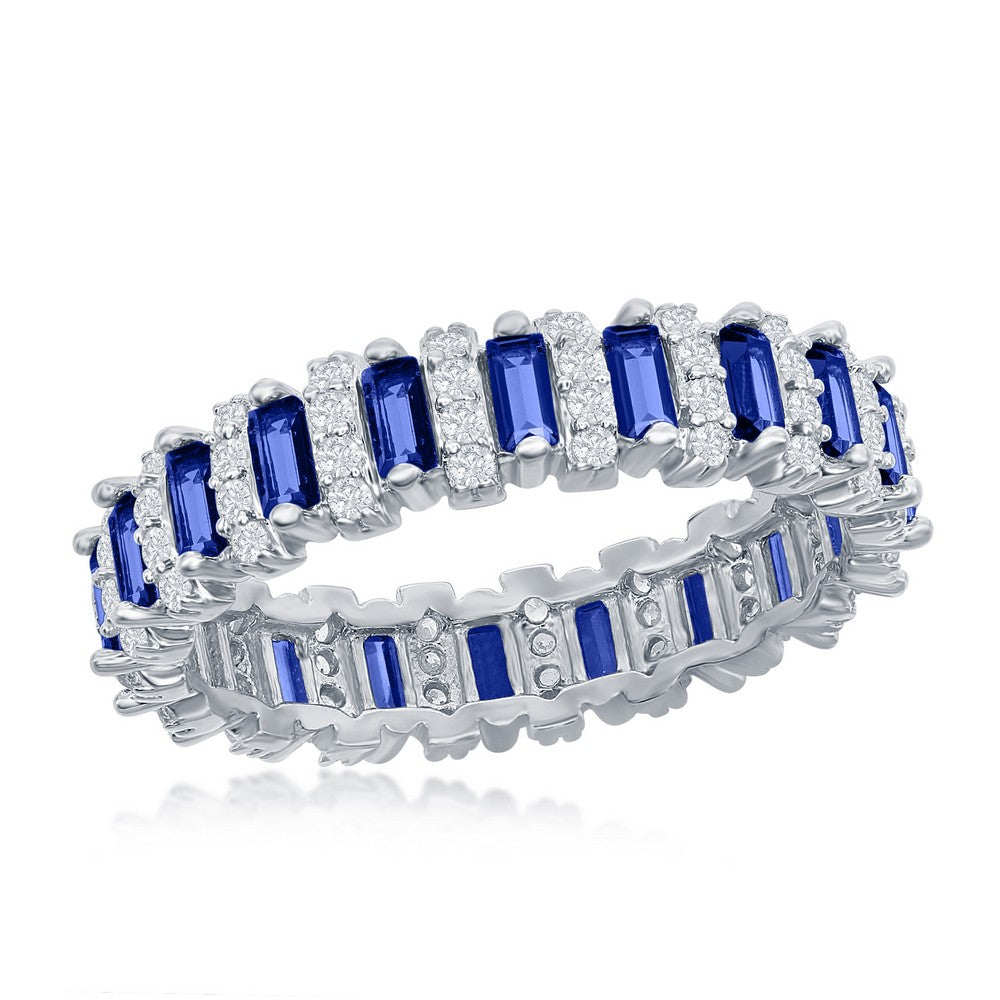 Sterling Silver Round & Baguette Eternity Band Ring - Simulated Sapphire - Size 9