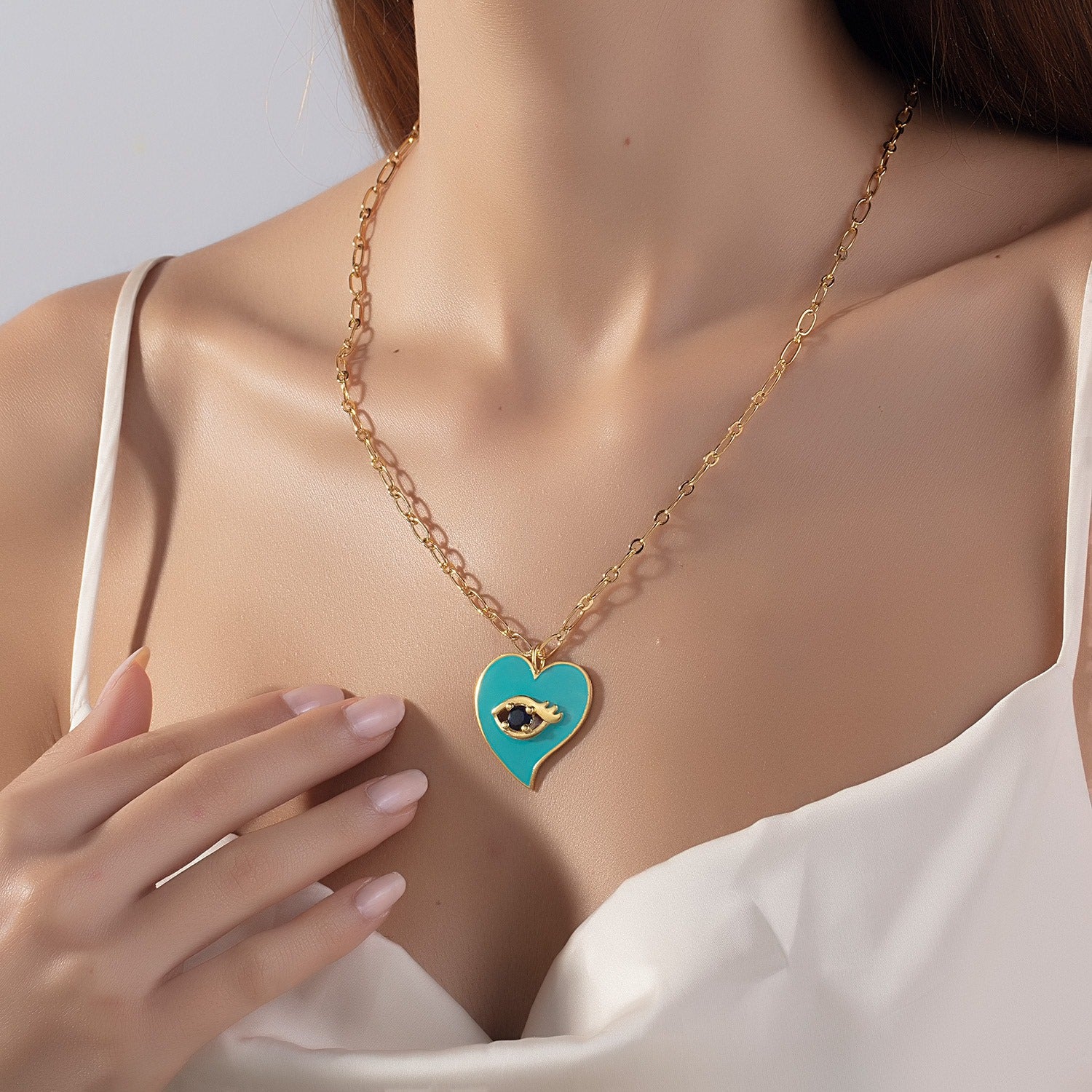 Turquoise Heart Pendant Necklace With Evil Eye