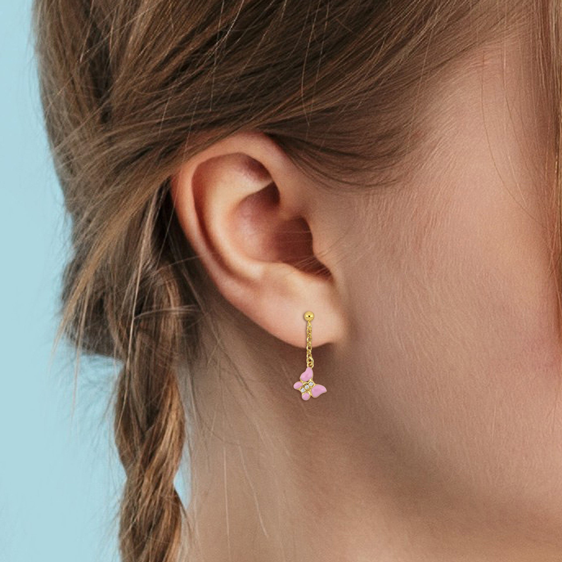 Mimi & Max Cubic Zirconia Pink Enamel Butterfly Drop Earrings in Yellow Plated Sterling Silver