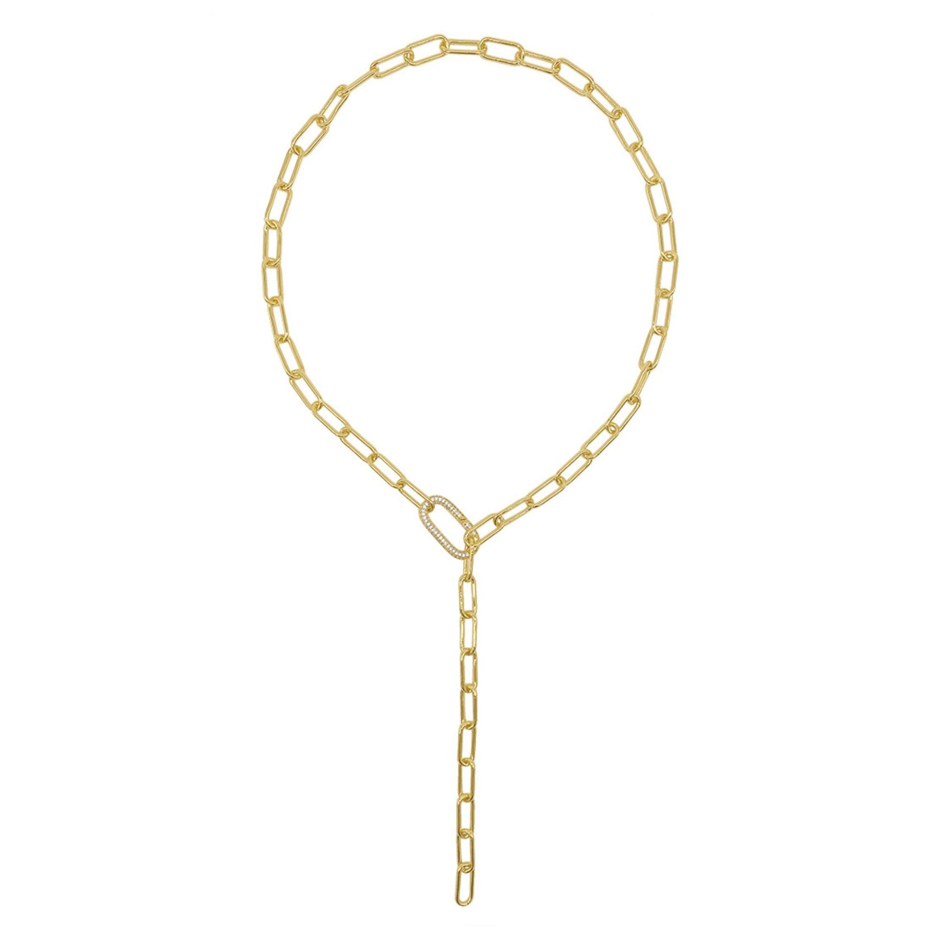 14k Gold Plated Paper Clip Chain Lariat Necklace With Crystal Adjustable Lock