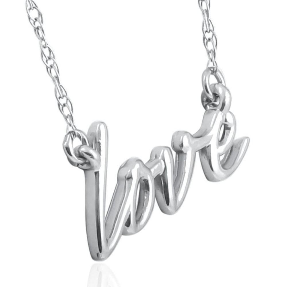 14K White Gold Love Script Pendant Necklace With 18' 14K White Gold Chain