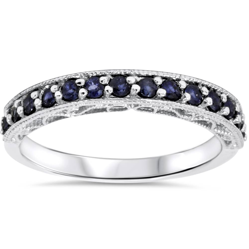 3/8 ct Blue Sapphire Vintage Wedding Ring 14K White Gold