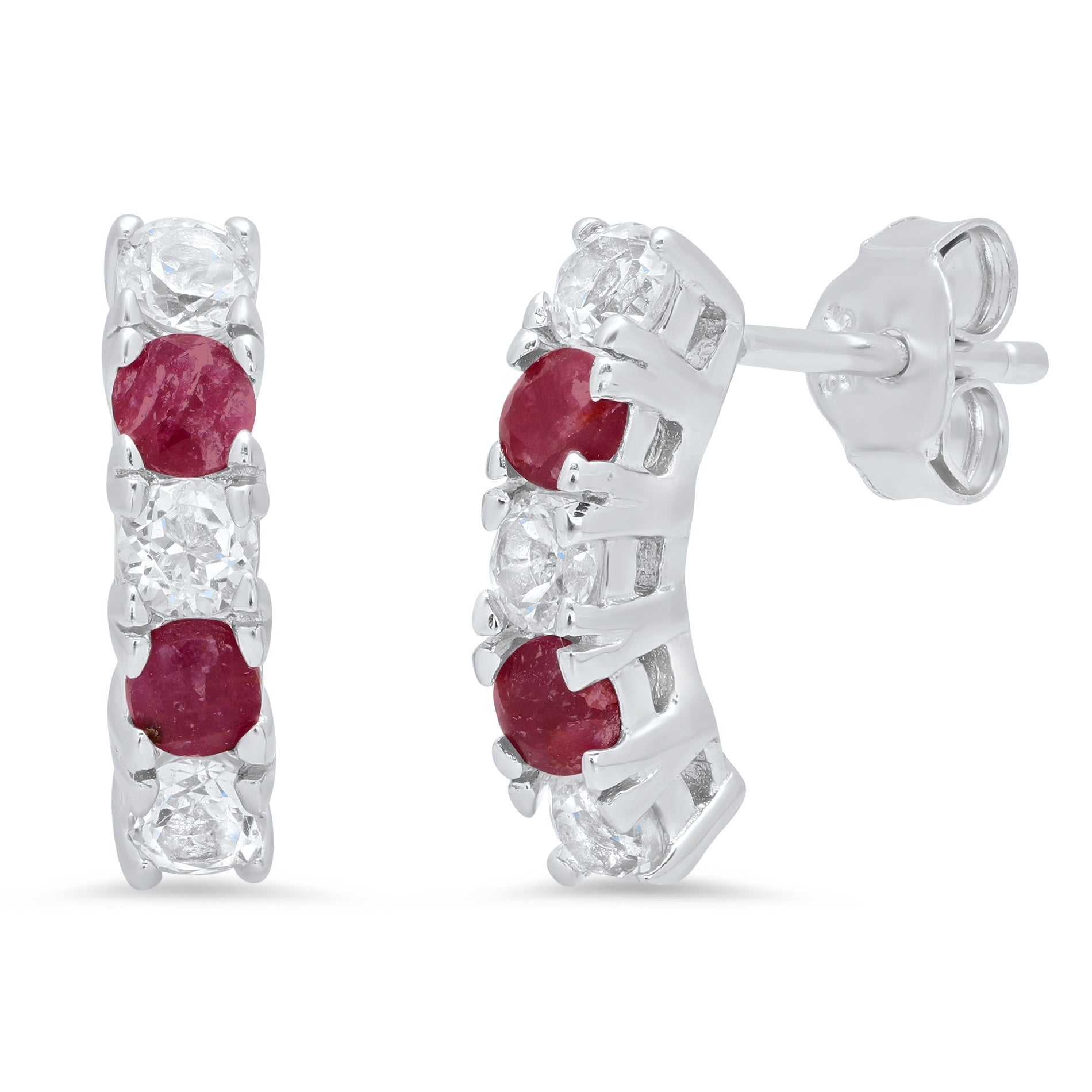 Sterling Silver Round Genuine Gemstone and White Topaz Curved Earring