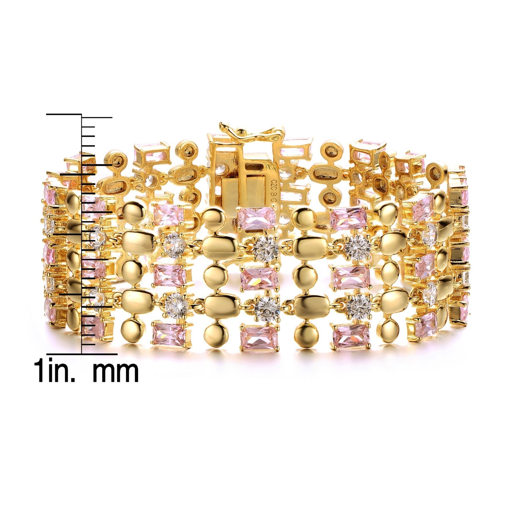 RG 14k Yellow Gold Plated Pink Morganite & Cubic Zirconia Wide Geometric Mesh Link Bracelet