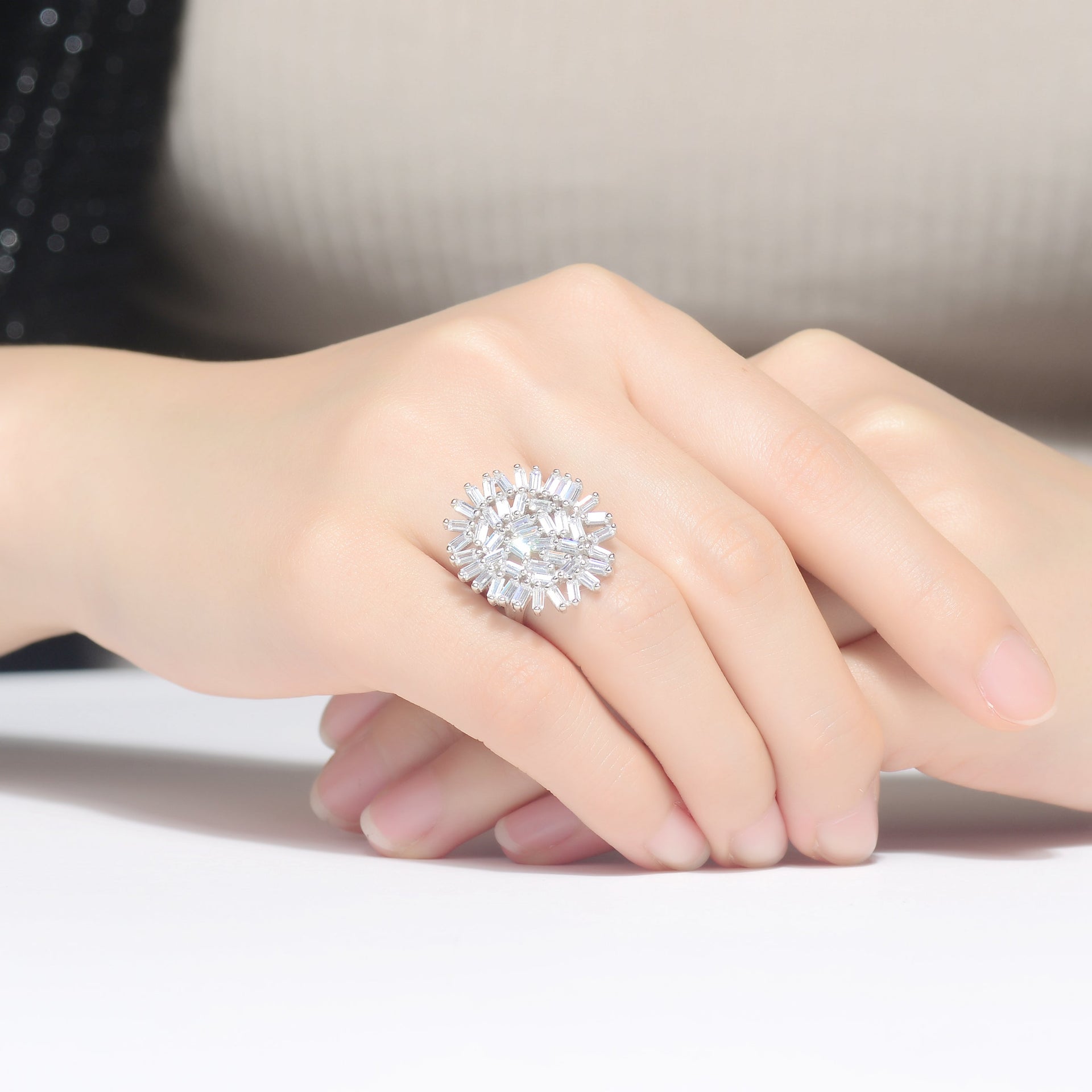 White Cubic Zirconia Flower Shaped Design Sterling Silver Ring