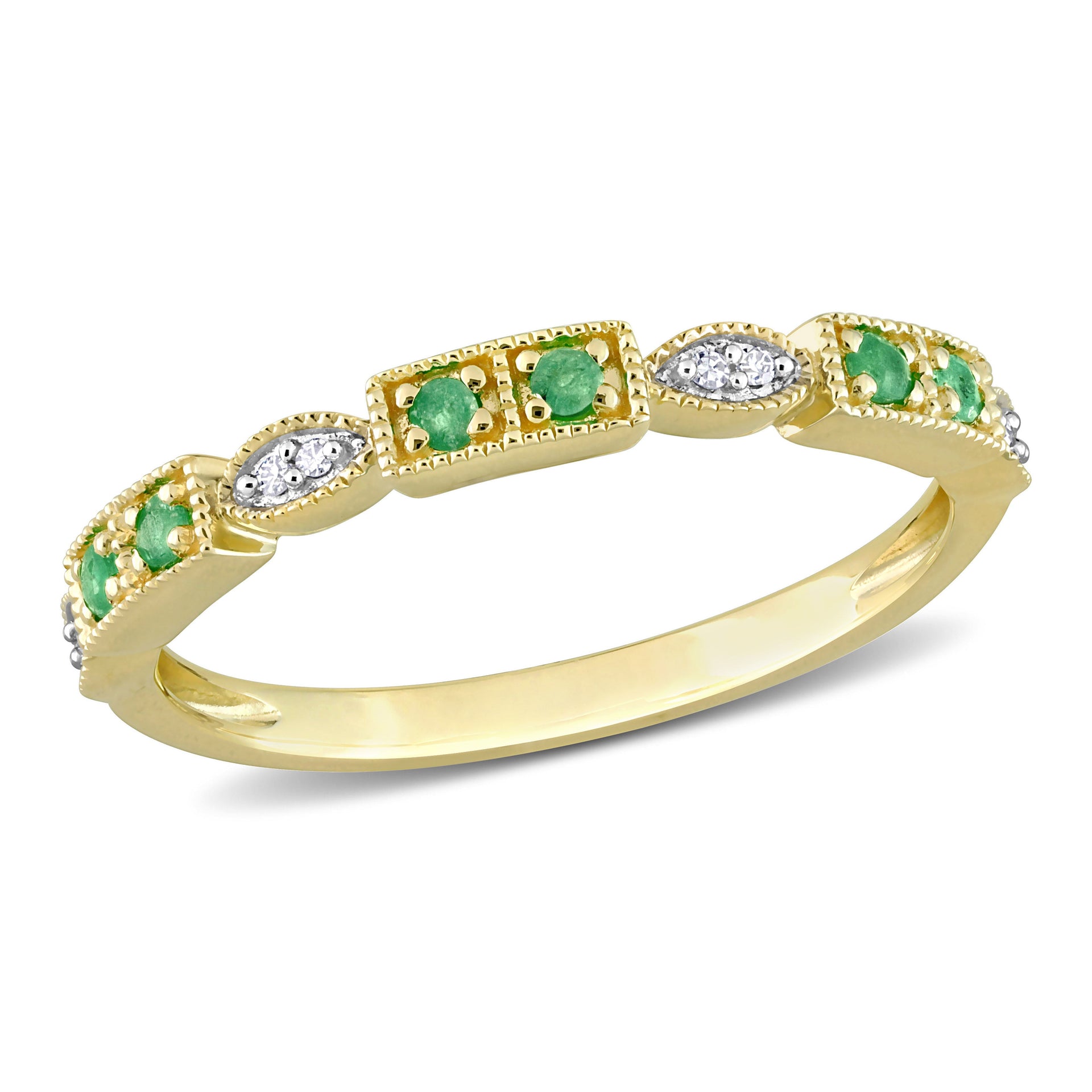 Mimi & Max Women's 1/8ct TGW Emerald and Diamond Accent Semi-Eternity Ring in 10k Yellow Gold