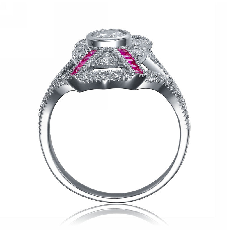GENEVIVE Sterling Silver Ruby Cubic Zirconia Geometrical Cocktail Ring