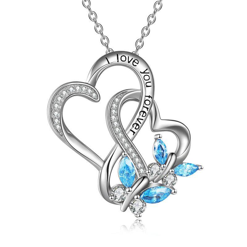 Sterling Silver Cubic Zirconia Butterfly Heart With Heart Engraved Necklace for Women