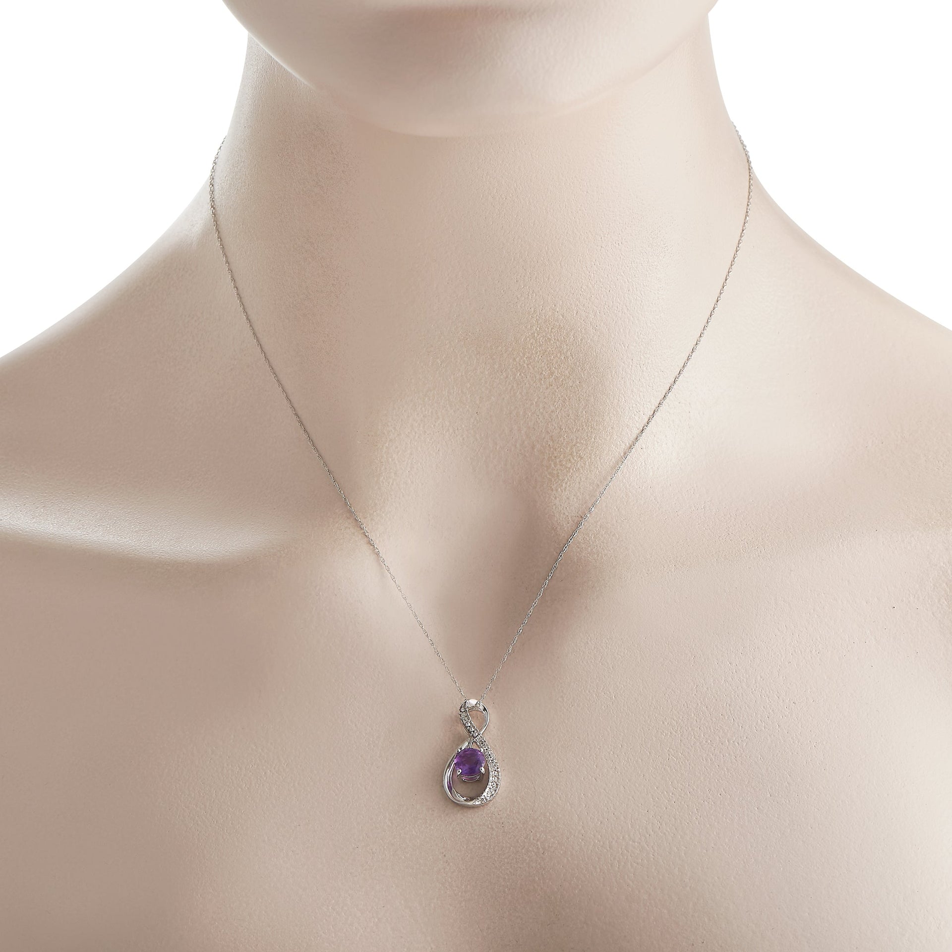 LB Exclusive 14K White Gold 0.03ct Diamond and Amethyst Pendant Necklace PD4-15537WAM