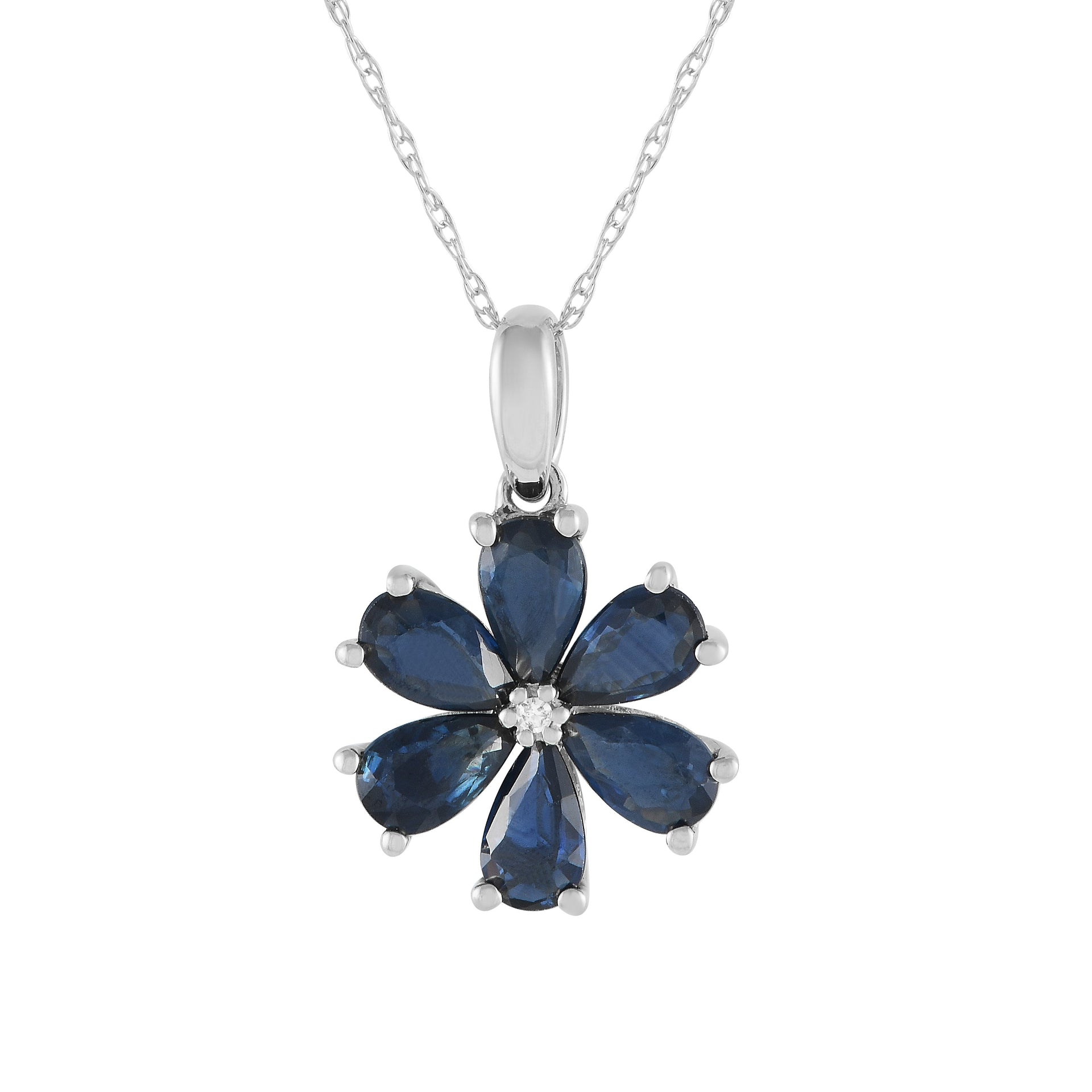 LB Exclusive 14K White Gold 0.01ct Diamond and Sapphire Flower Pendant Necklace PD4-15845WSA