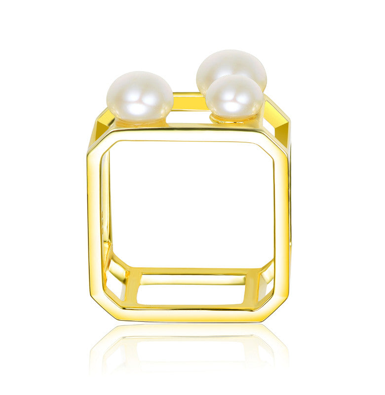 Sterling Silver 14K Gold Plated With 5-7mm Freshwater Pearls Geometric Ring