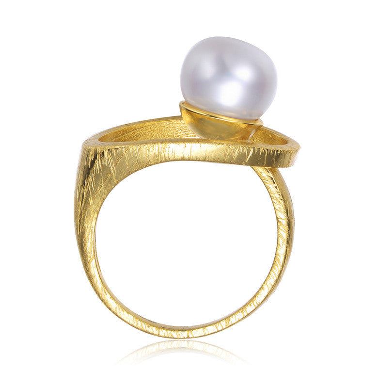 Sterling Silver 14K Gold Plated With Genuine Freshwater Round Pearl Contemporary Ring