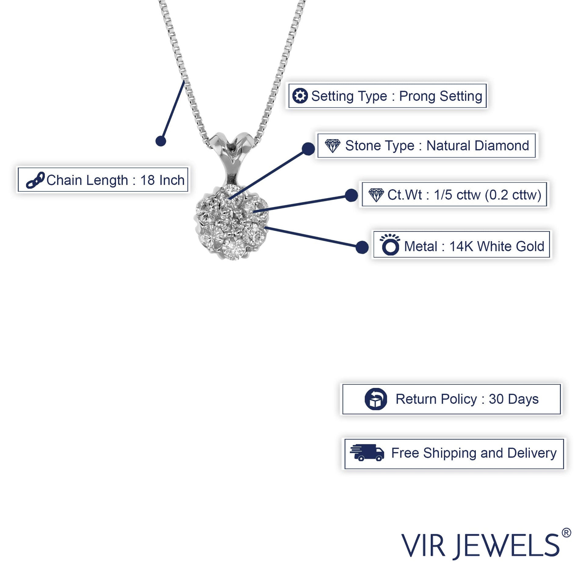 1/5 cttw Diamond Pendant, Diamond Cluster Pendant Necklace for Women in 14K White Gold with 18 Inch Chain, Prong Setting