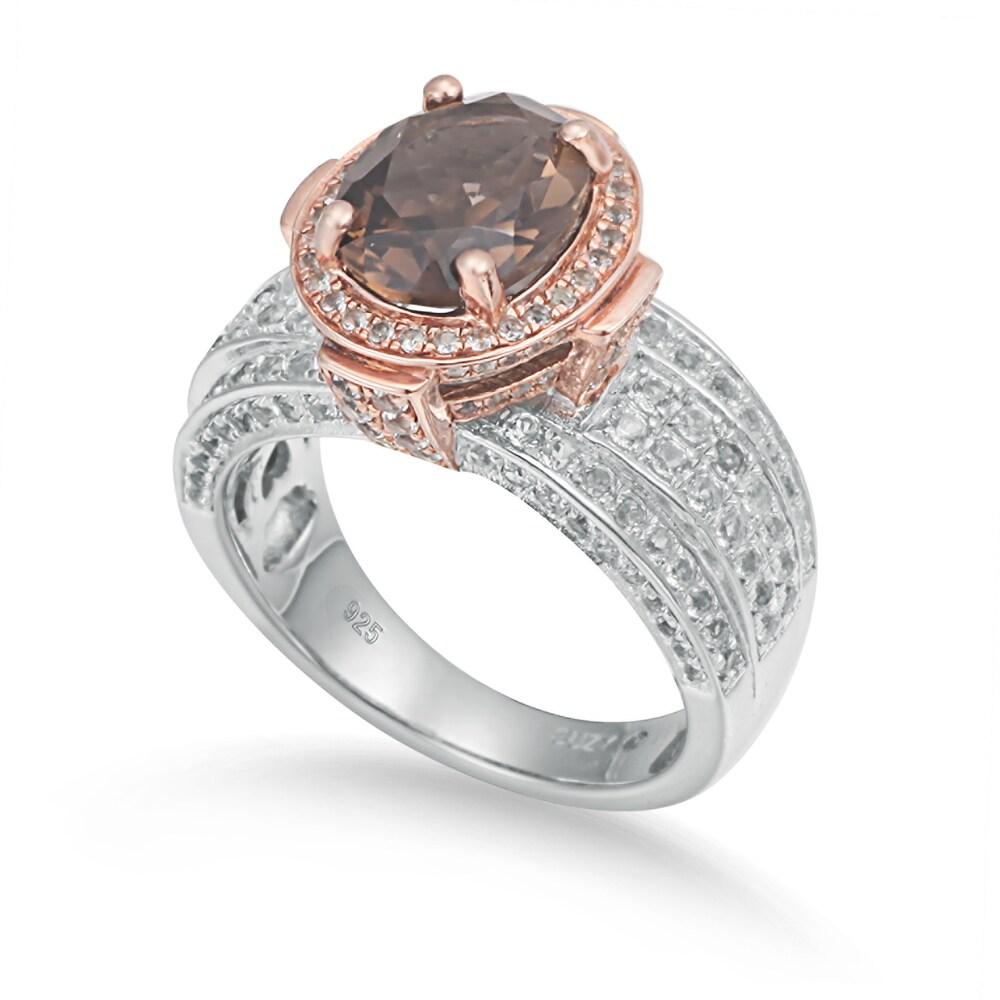 Suzy Levian Two-Tone Sterling Silver 4.65 cttw Smoky Quartz Ring