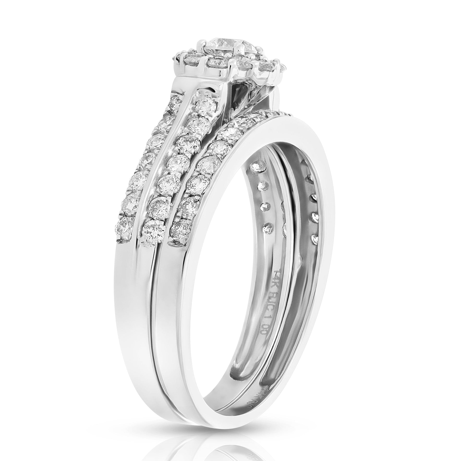 7/8 cttw Diamond Halo Cluster Wedding Engagement Ring Set 14K White Gold Bridal