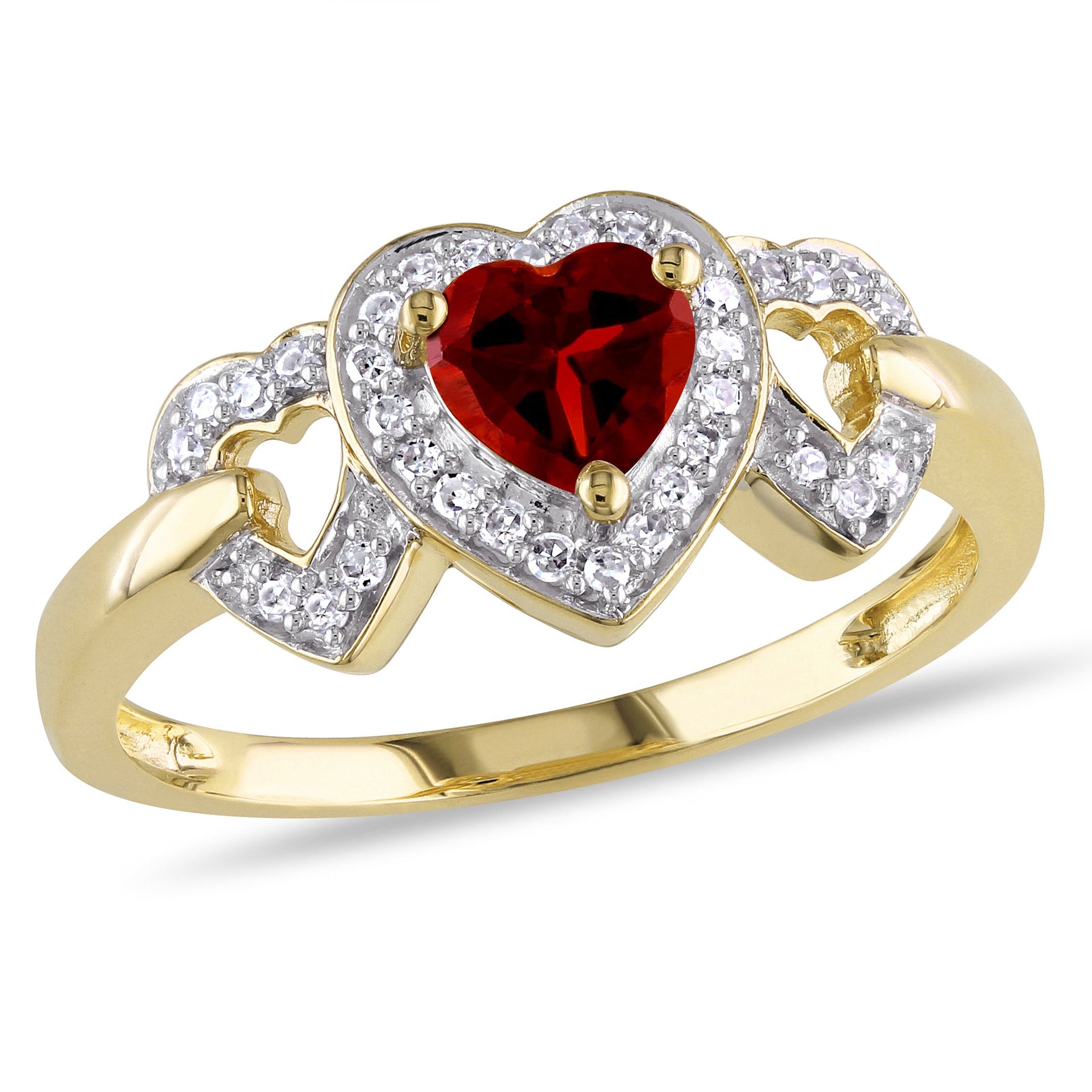 Garnet Triple Heart Ring with 1/8 CT TW Diamonds in 10k Yellow Gold