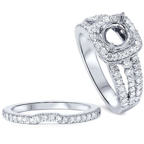 1ct Cushion Halo Diamond Engagement Mount Set 14K White Gold