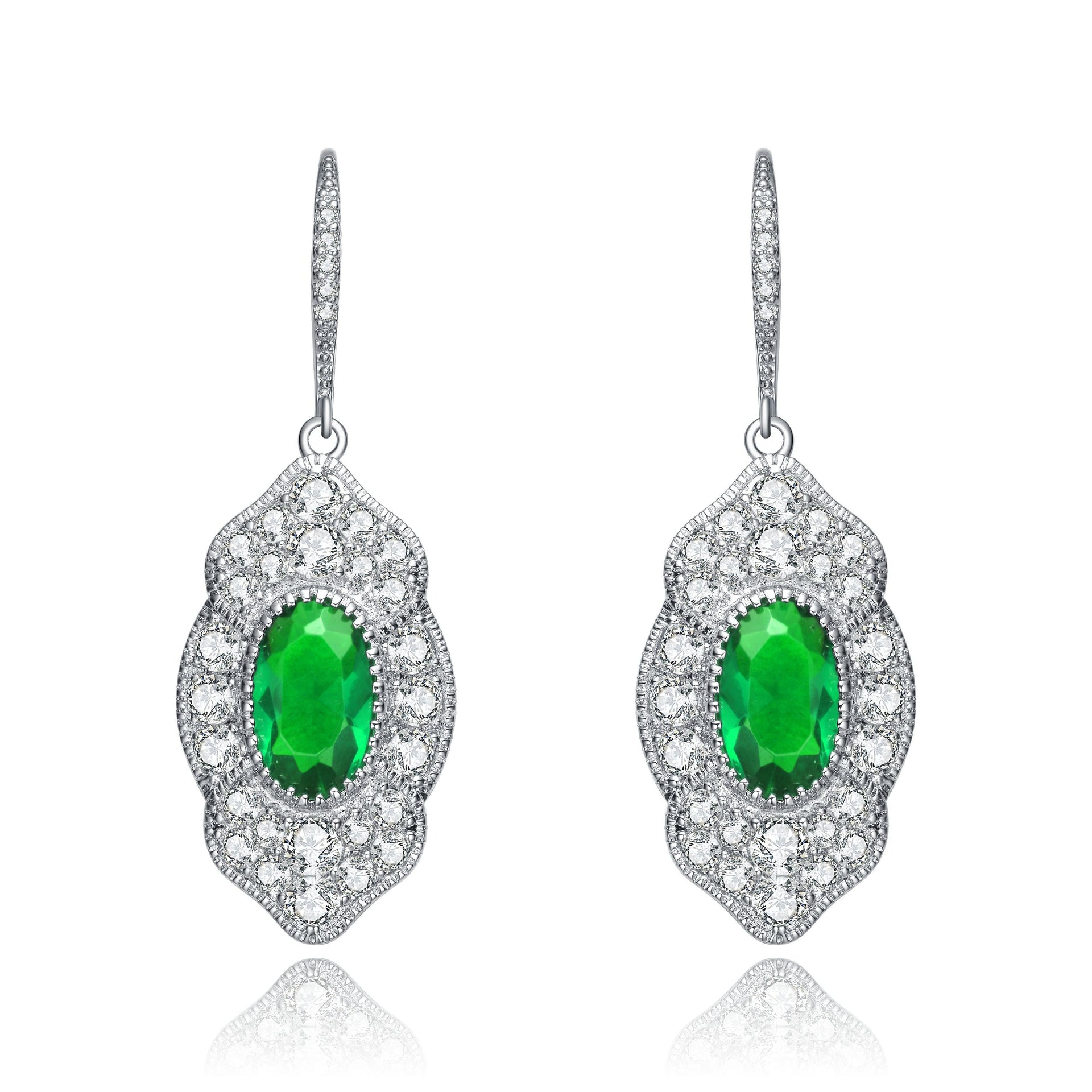 Sterling Silver Emerald Cubic Zirconia Pave Drop Earrings